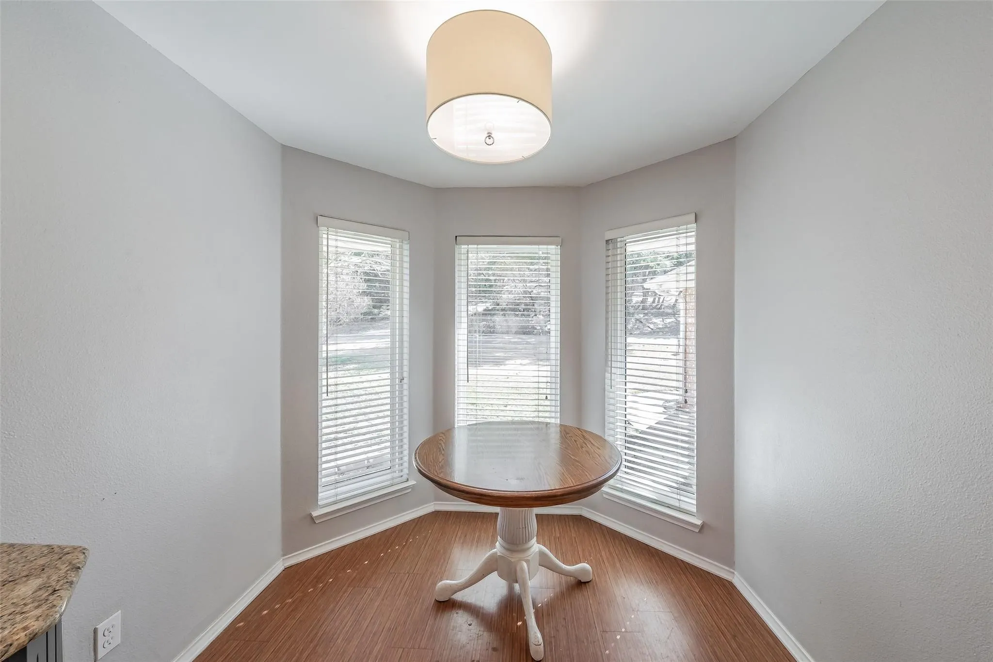 Bay window feature with three individual windows, wood-finish flooring, and a ceiling-mounted drum light fixture
