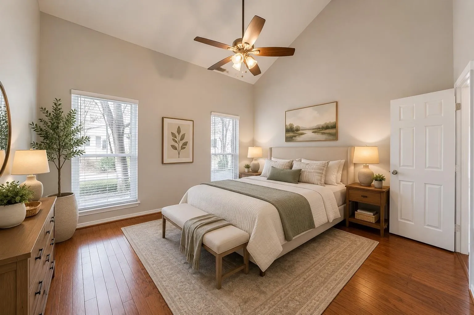 Vaulted ceiling bedroom featuring wood-finish flooring, a ceiling fan, and multiple windows with blinds