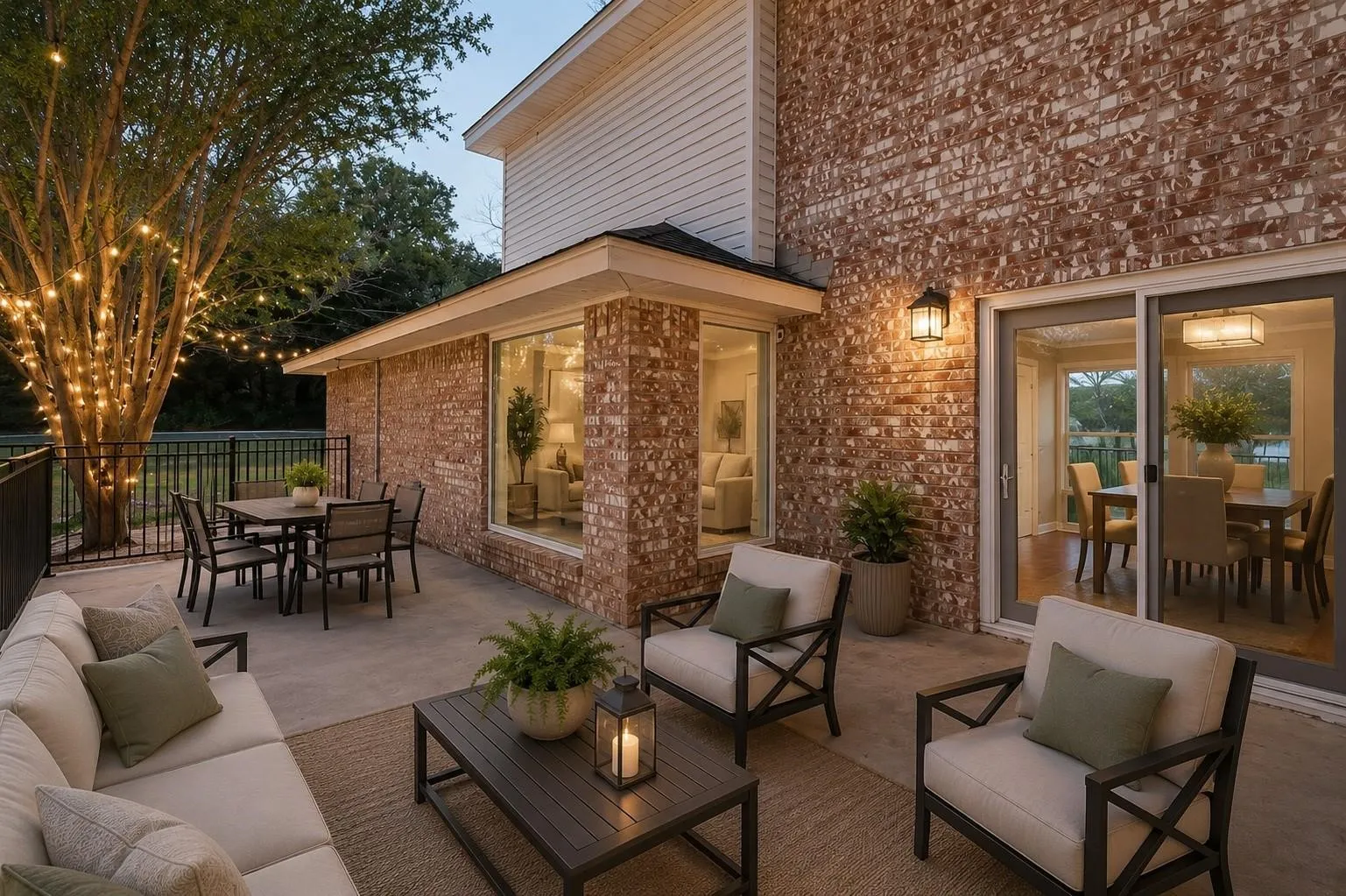 Expansive outdoor patio featuring a concrete surface, a black metal railing, and a brick exterior facade