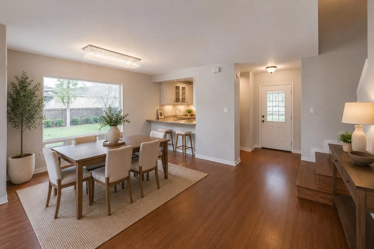 Open-concept living space featuring wood-finish flooring, a large picture window, and a modern rectangular chandelier