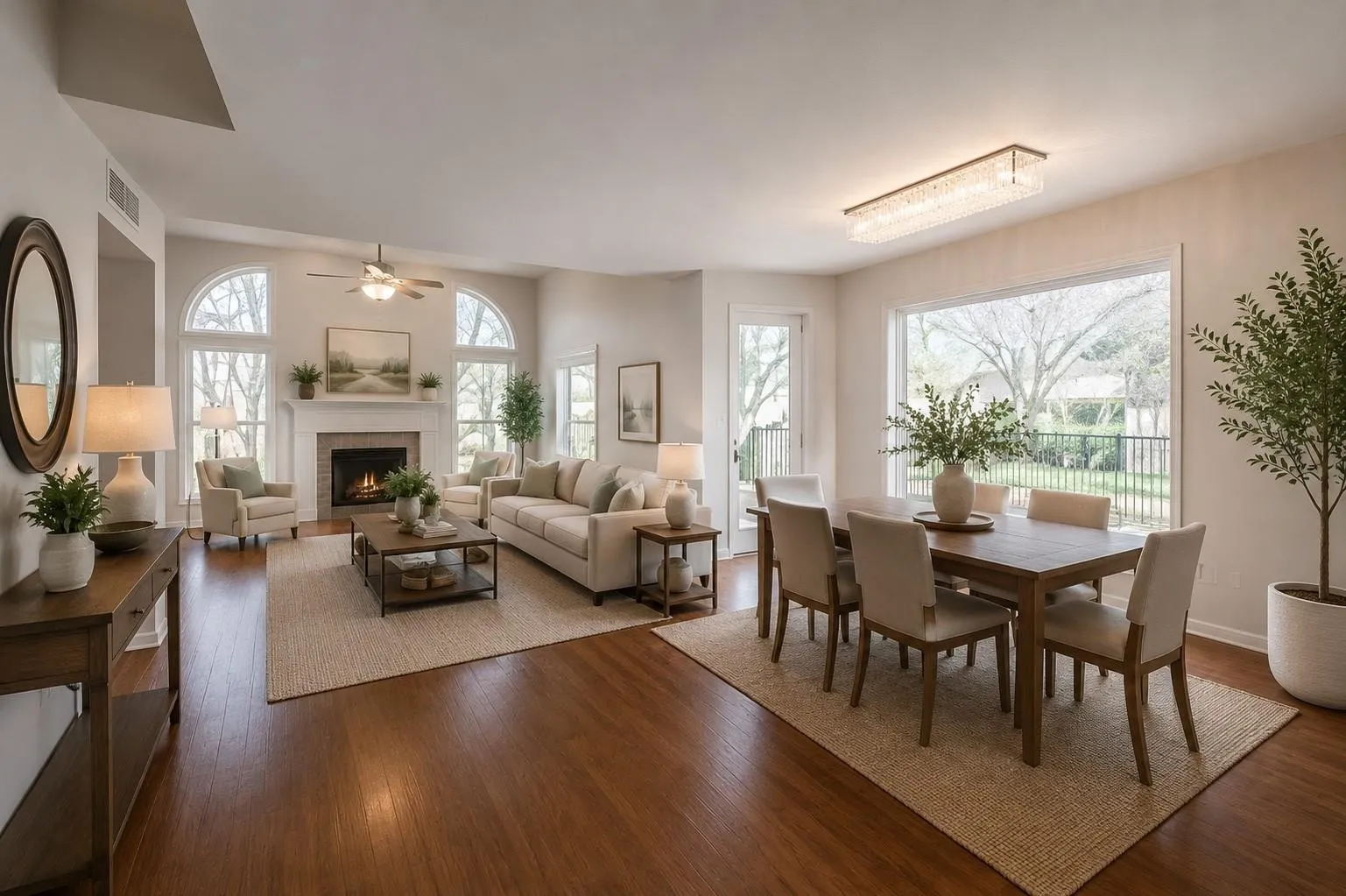 Expansive living area featuring wood-finish flooring, a fireplace with a mantel, and multiple arched windows