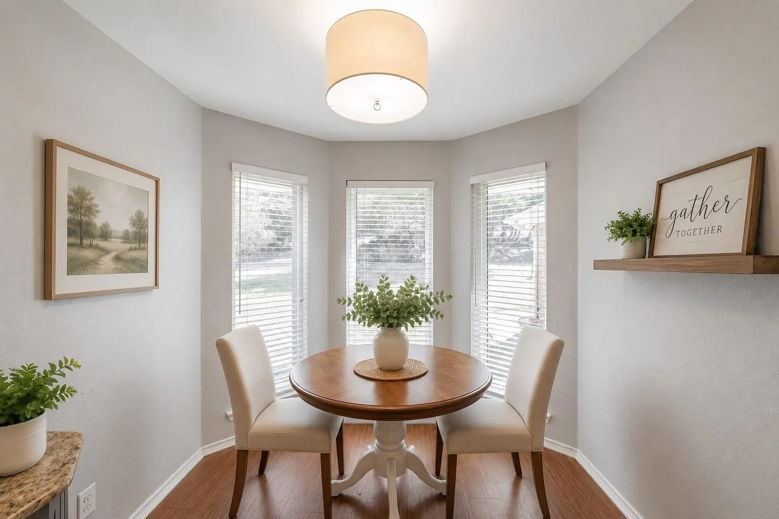 Bay window alcove featuring wood-finish flooring, light gray wall tones, and a drum pendant light fixture