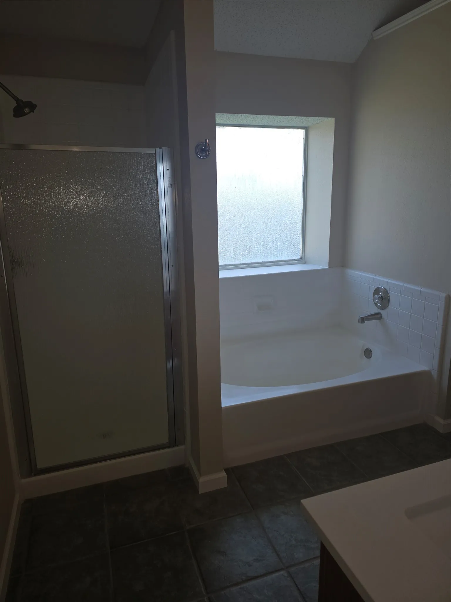 Full bathroom featuring a shower with a clear glass enclosure, a built-in soaking tub with a tiled surround, a frosted window, and dark-toned tile flooring