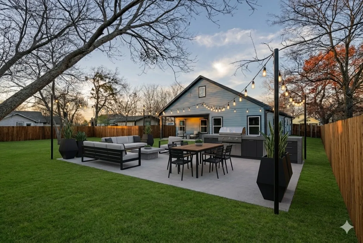 Spacious backyard featuring an expansive concrete patio, built-in outdoor kitchen, gas fire pit, string lighting, and privacy fencing