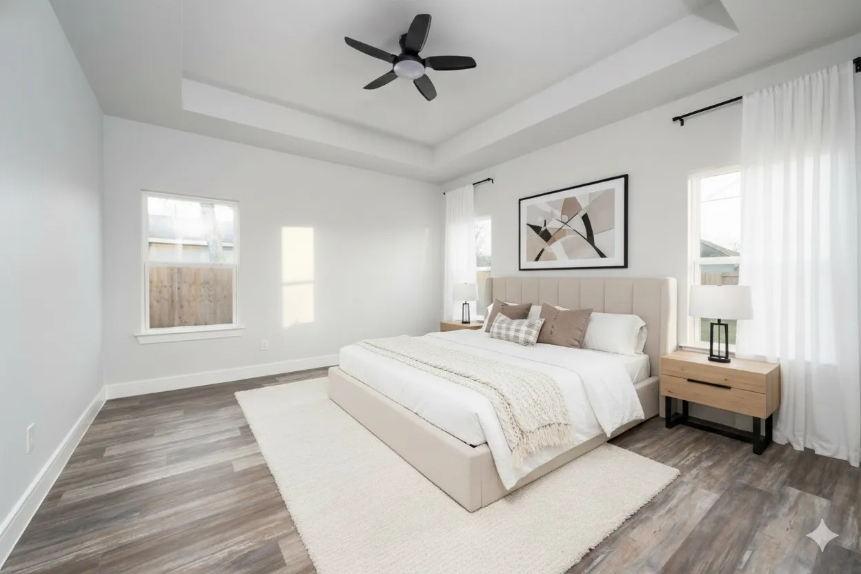 Recessed ceiling with a black ceiling fan, wood-finish flooring, and multiple windows