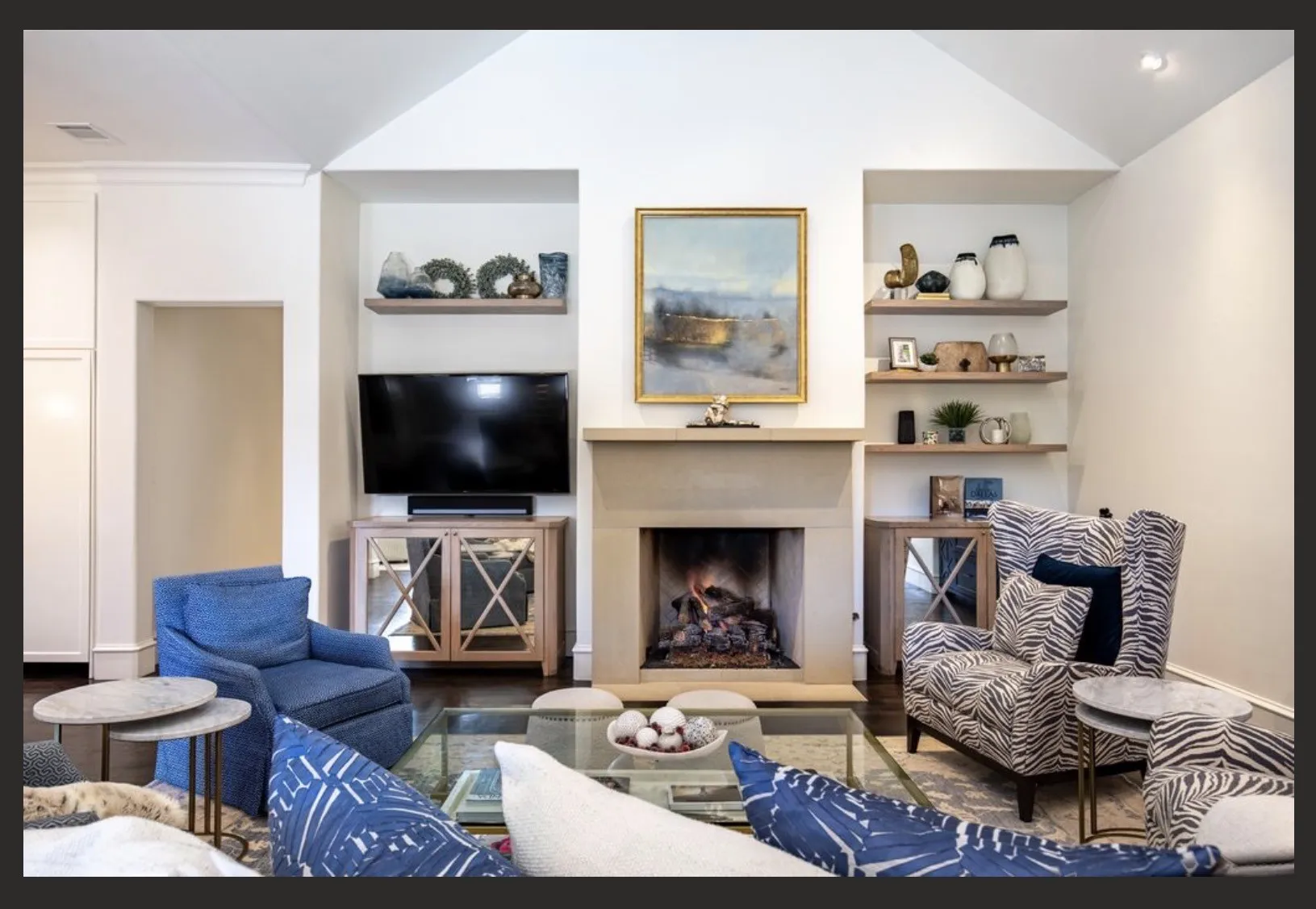 This cozy area in front of a warm fireplace in cooler months is a favorite for all