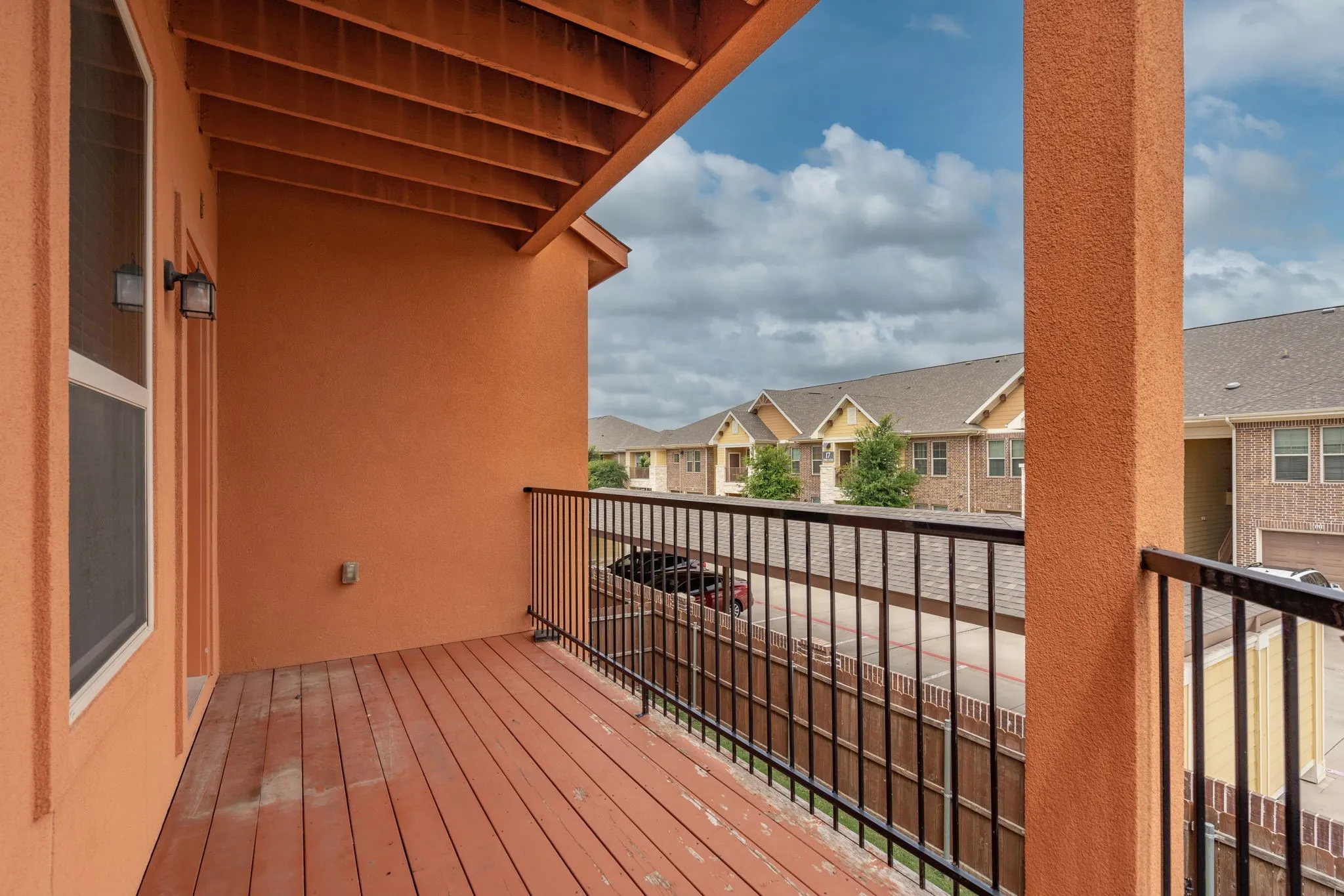 The covered balcony on the second floor has great views.