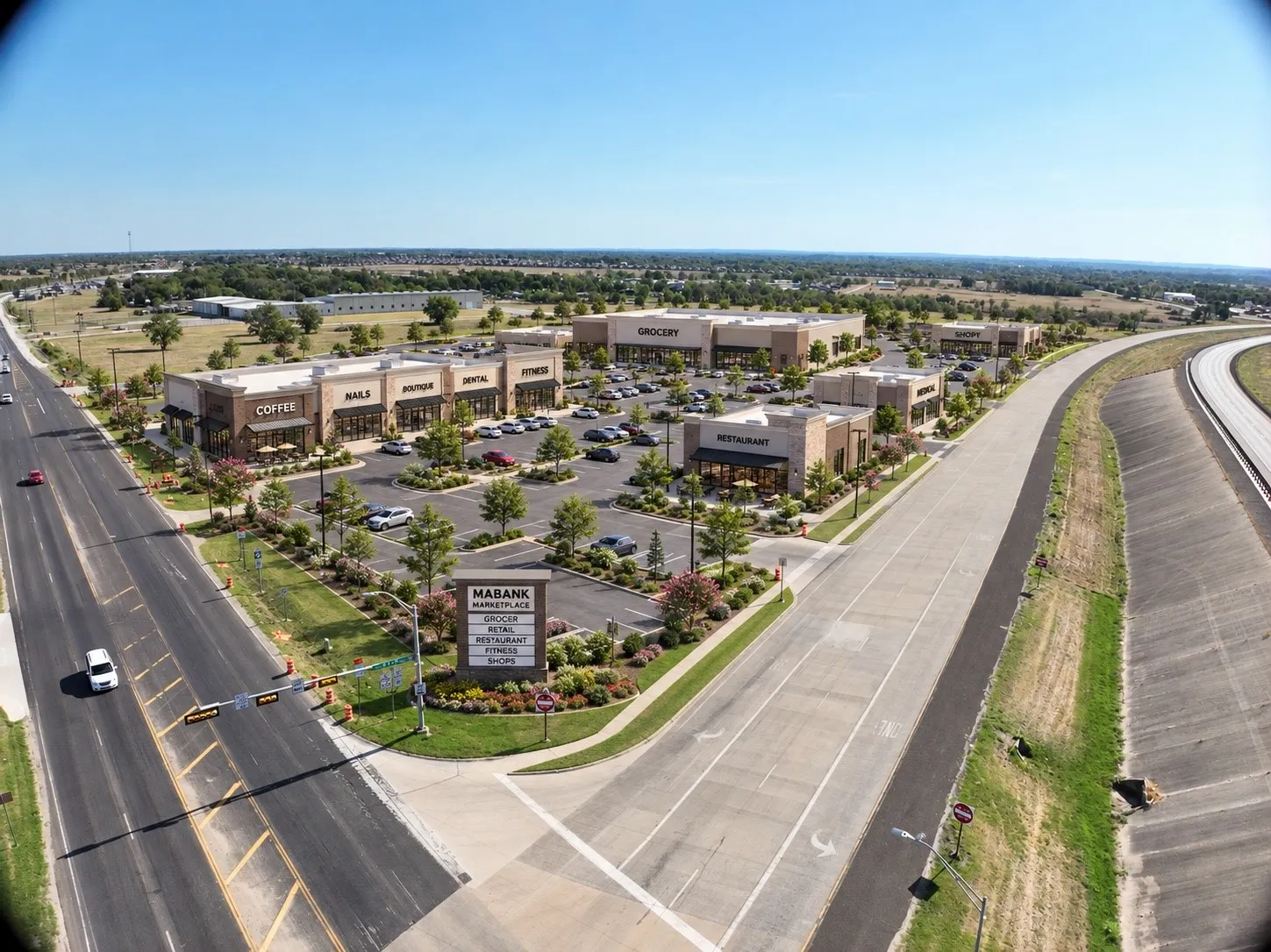 AI Generated Possibilities -Aerial perspective of a commercial complex featuring multiple retail storefronts, extensive paved parking areas, and mature landscaping