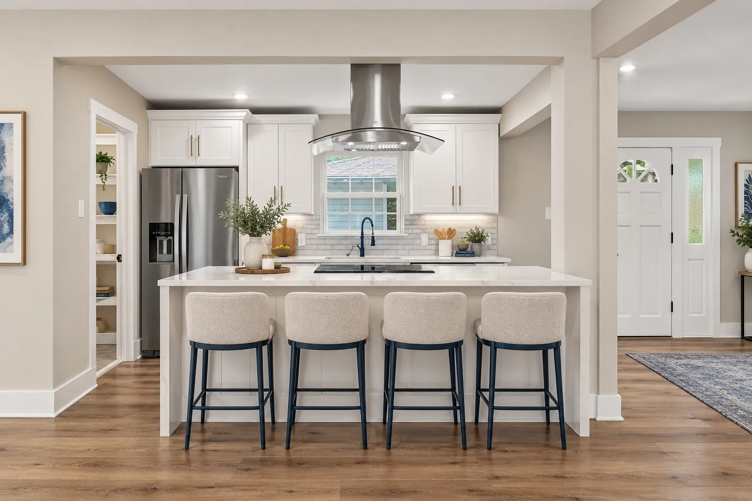 Kitchen featuring an island with counter seating, white cabinetry, integrated stainless steel appliances, and wood-finish flooring