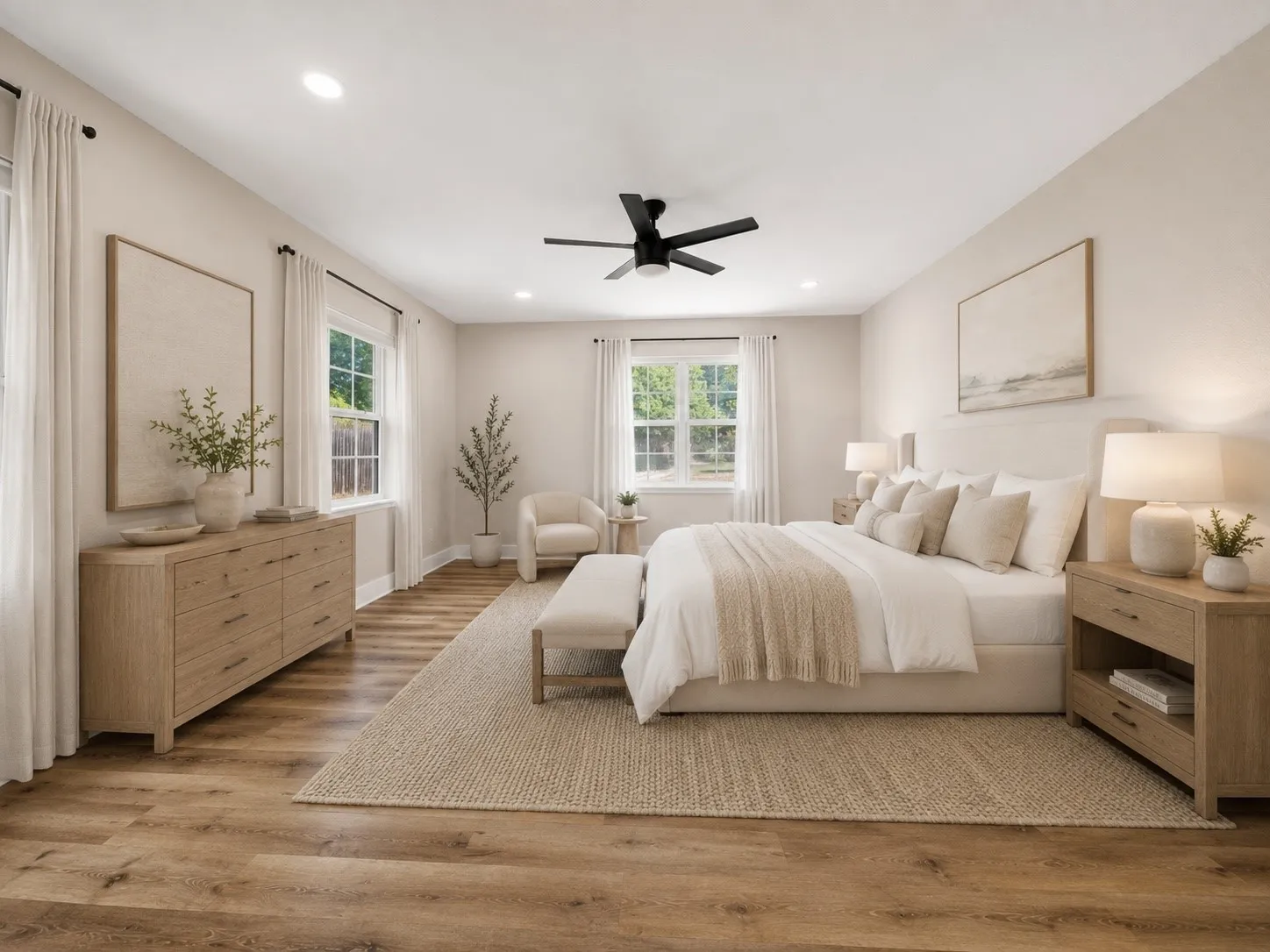 Spacious bedroom featuring wood-finish flooring and recessed lighting