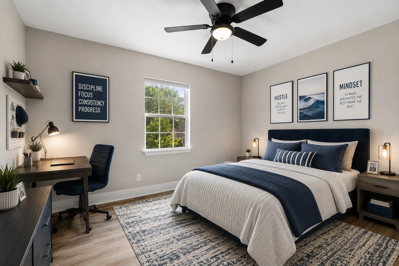Wood-finish flooring, ceiling fan, window with white blinds, built-in shelving, and a desk area