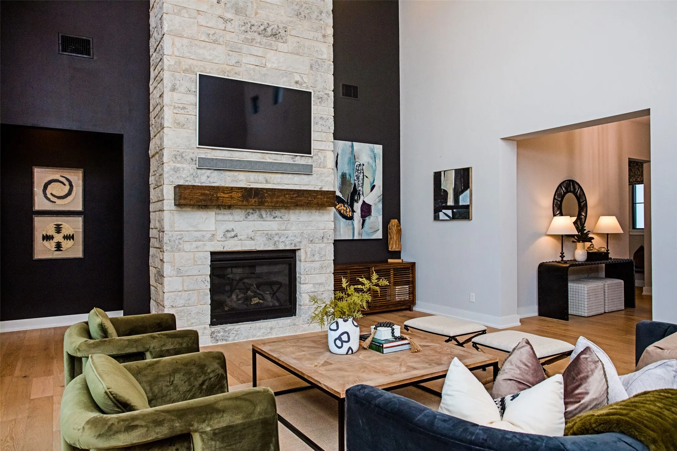 Massive stone fireplace in living room