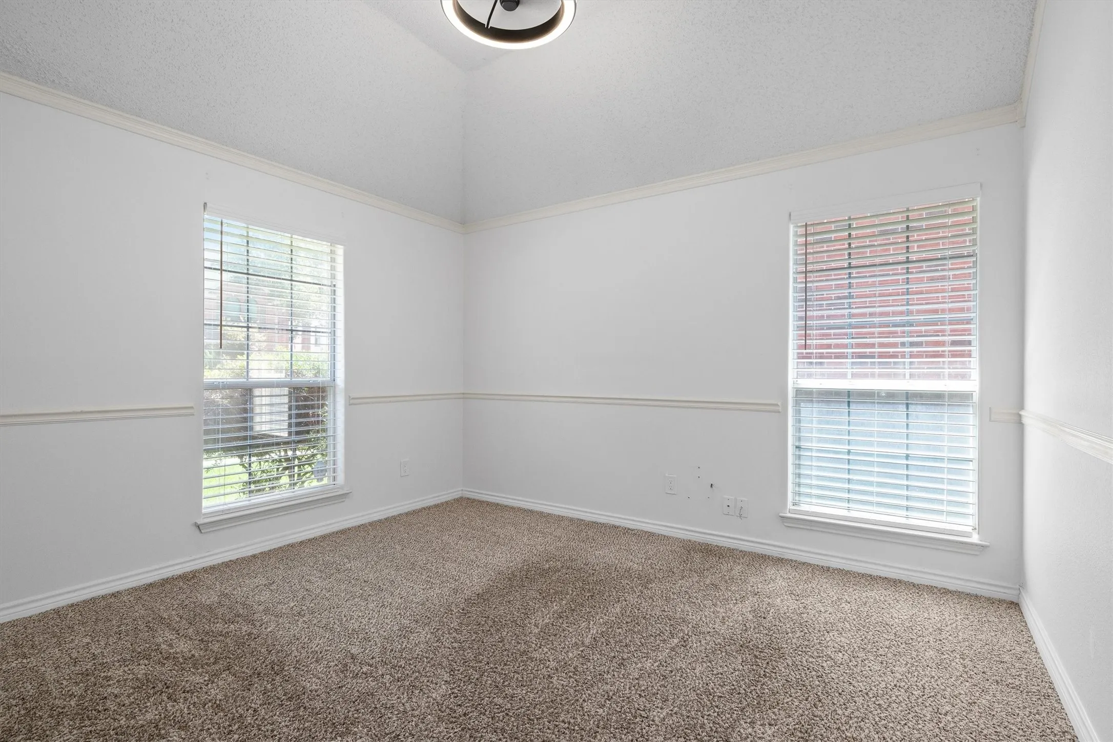 Interior room featuring vaulted ceilings, crown molding, chair rail detailing, neutral carpet flooring, and two windows with blinds