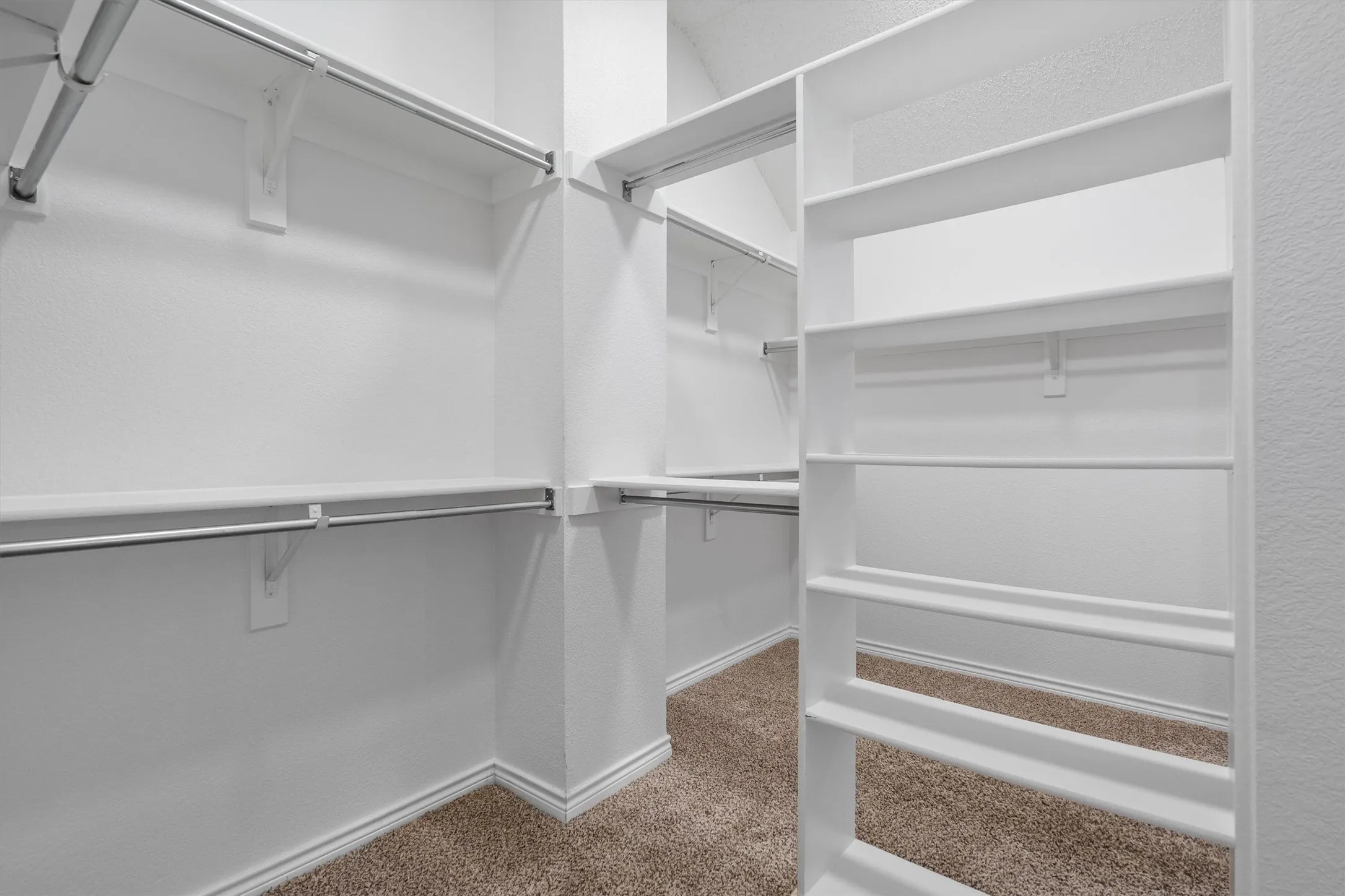 Walk-in closet featuring built-in shelving, multiple hanging rods, and neutral-toned carpeting