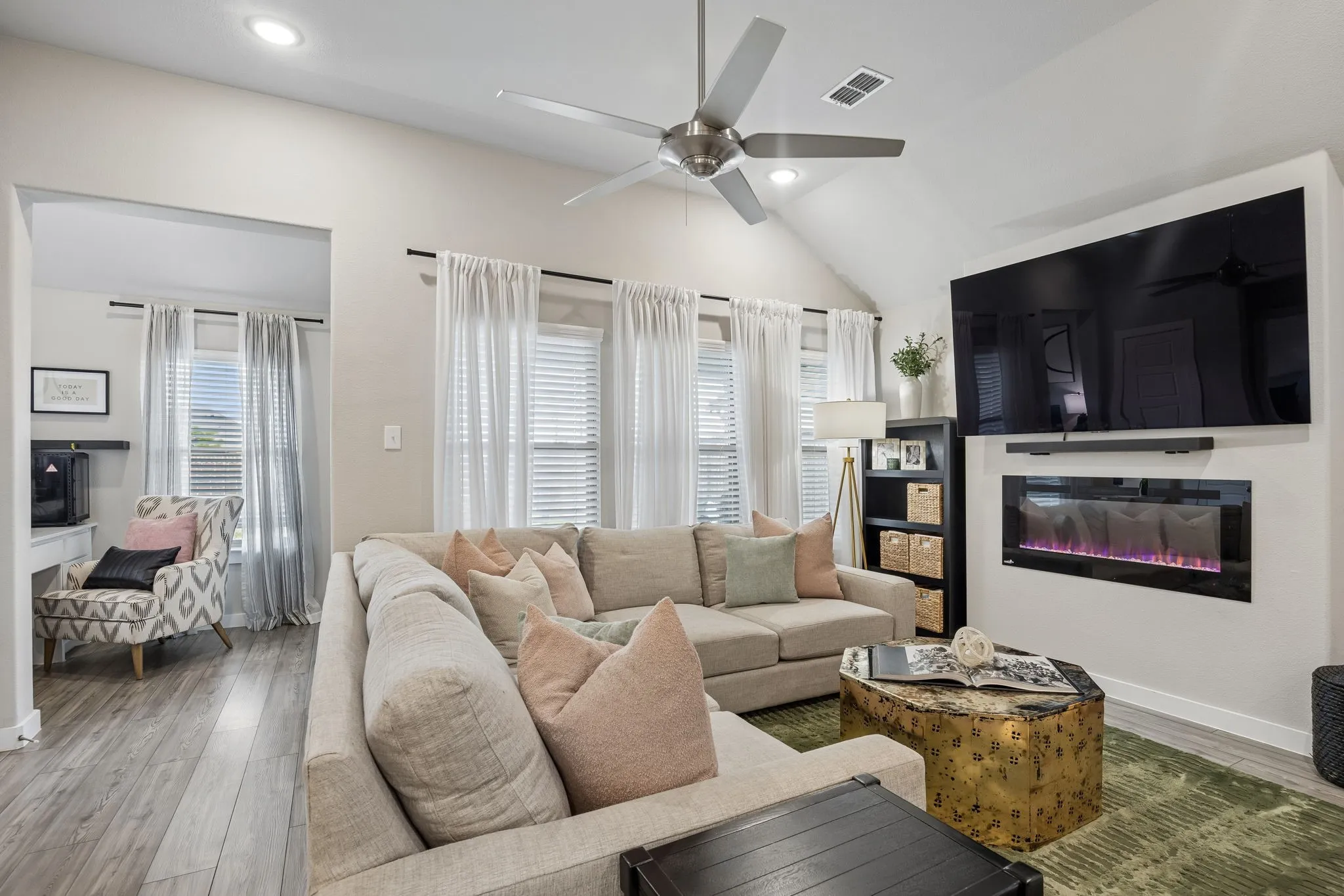 Enjoy the warmth and ambience of the fireplace, while relaxing.