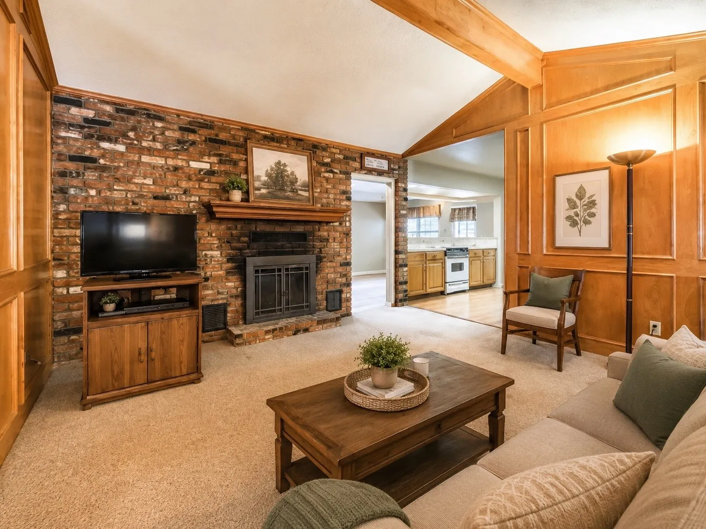 Living area featuring a brick fireplace with a wood mantle, wood paneling, and exposed wood beams -AI