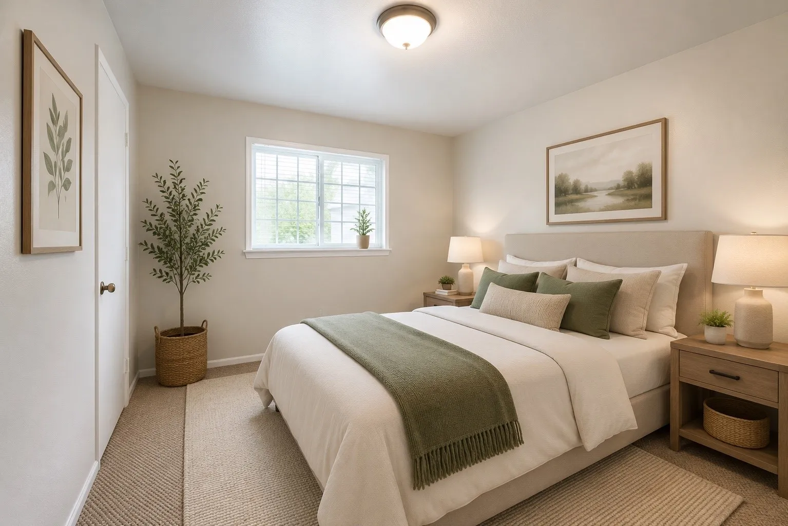 Carpeted room featuring a double-pane window, flush mount ceiling light, and a solid core door-AI