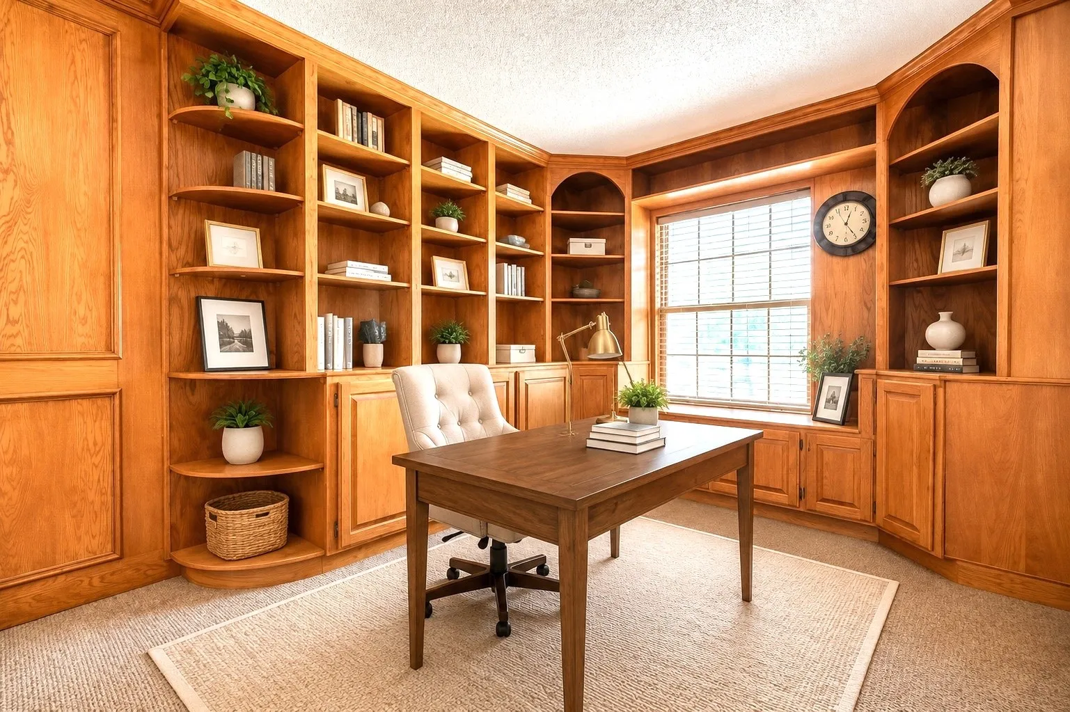 Dedicated office space featuring extensive built-in oak shelving and cabinetry, a central window with blinds, and neutral carpeting-AI