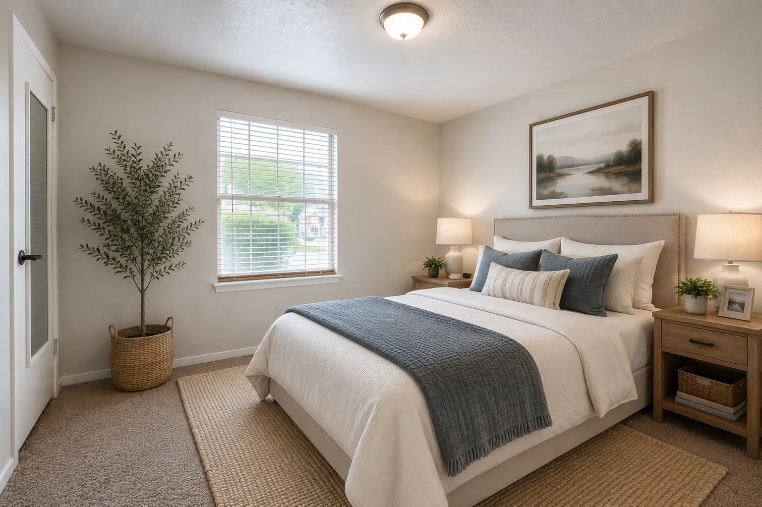 Bedroom featuring a window with blinds, a light-colored headboard, and a ceiling-mounted light fixture- AI