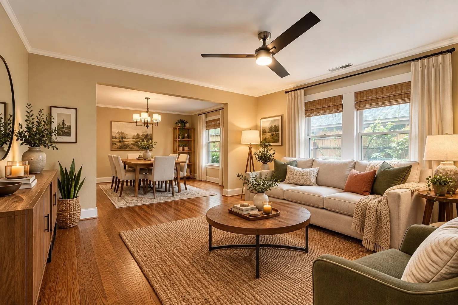 AI Staged - Hardwood flooring throughout, crown molding, ceiling fan, recessed lighting, and ample natural light from multiple windows