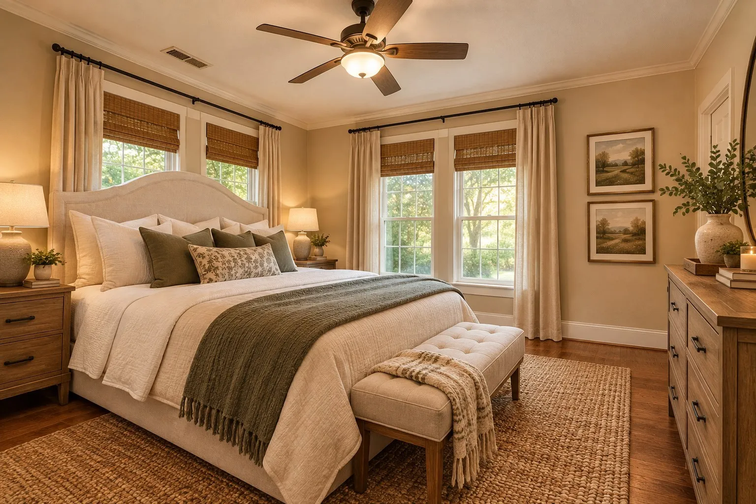 AI STAGED - Hardwood flooring, crown molding, double windows with woven shades, ceiling fan with integrated lighting, and a tufted upholstered headboard