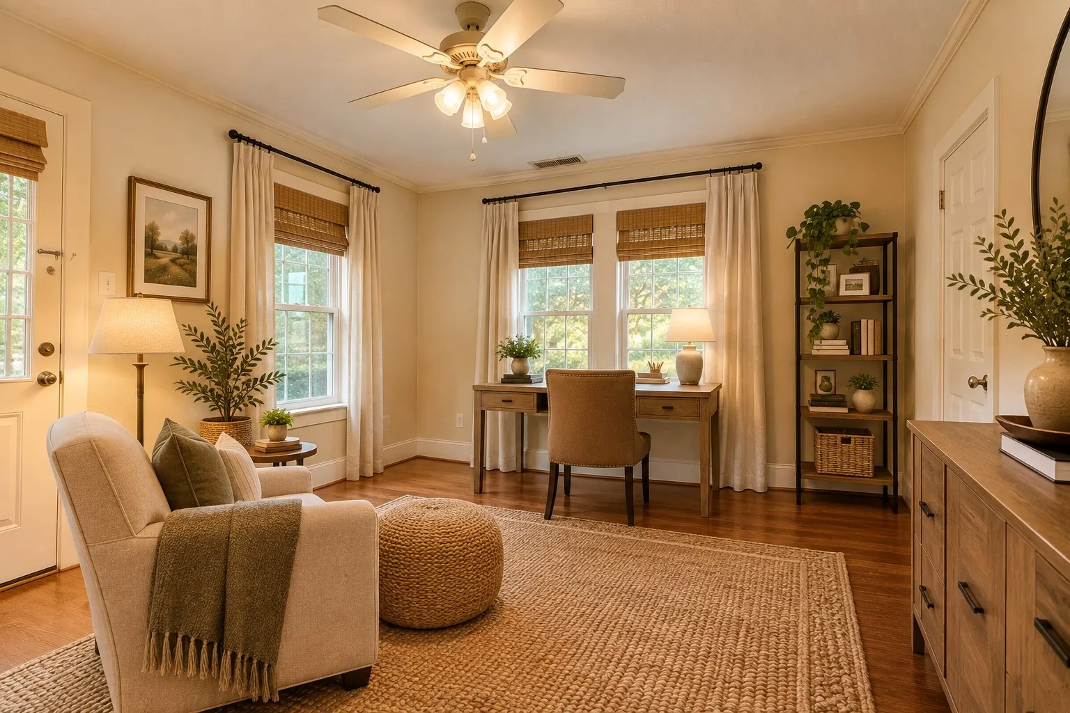 AI ENHANCED - Office or 2nd BED - Polished wood-finish flooring, ceiling fan with integrated lighting, multiple windows with natural light, crown molding, and a built-in shelving unit