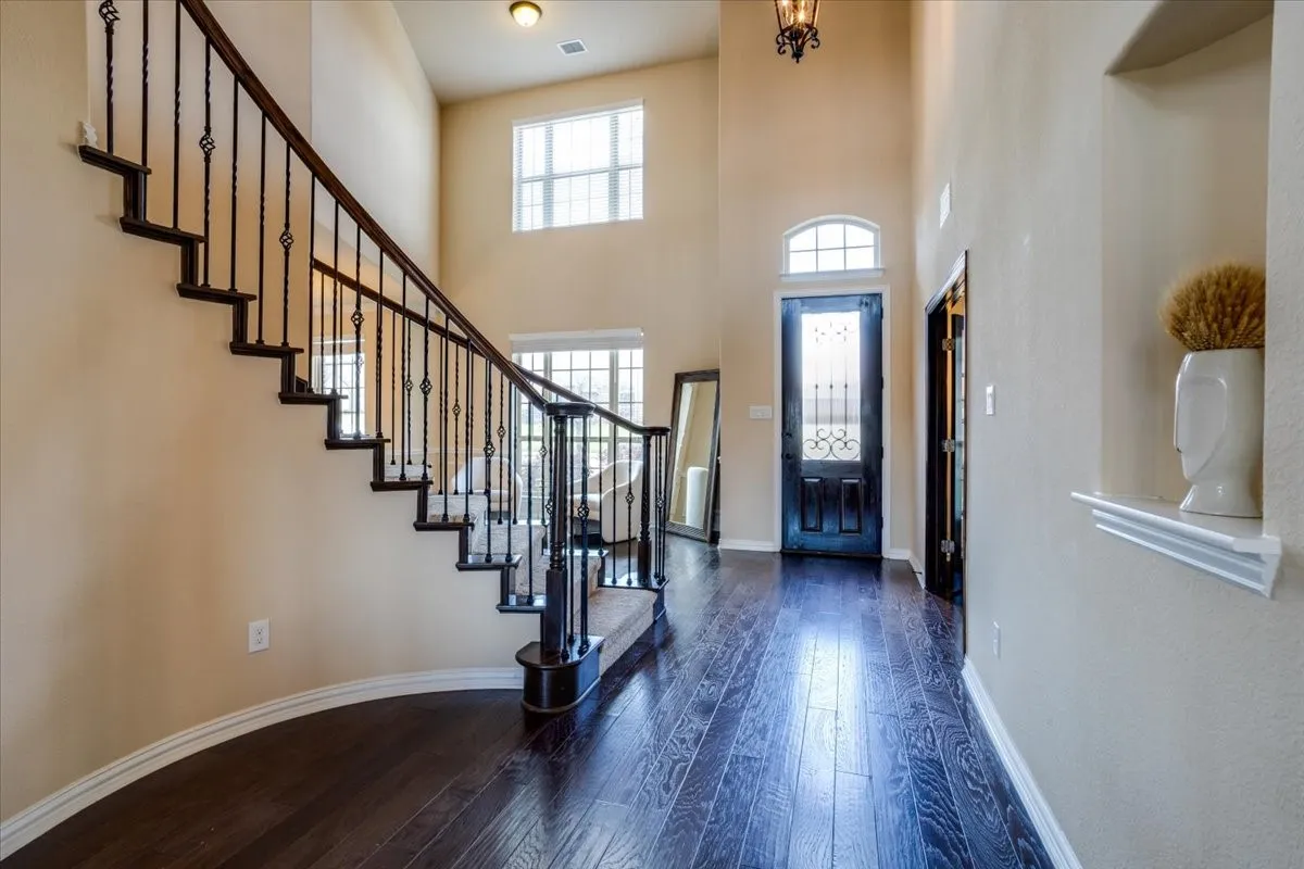 Entryway with dark wood-style flooring and a high ceiling