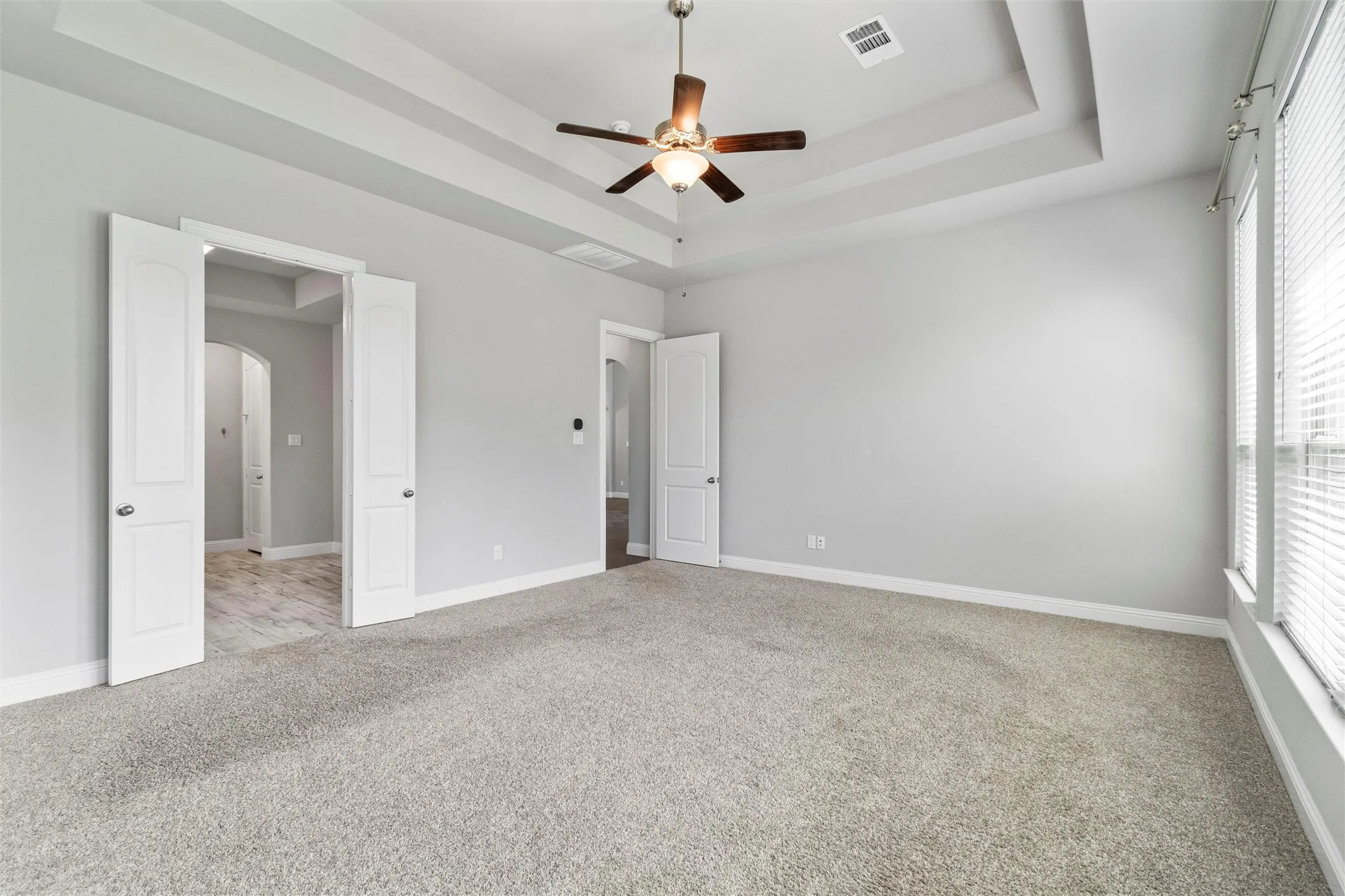 Carpeted spare room featuring ceiling fan, a tray ceiling, and a healthy amount of sunlight