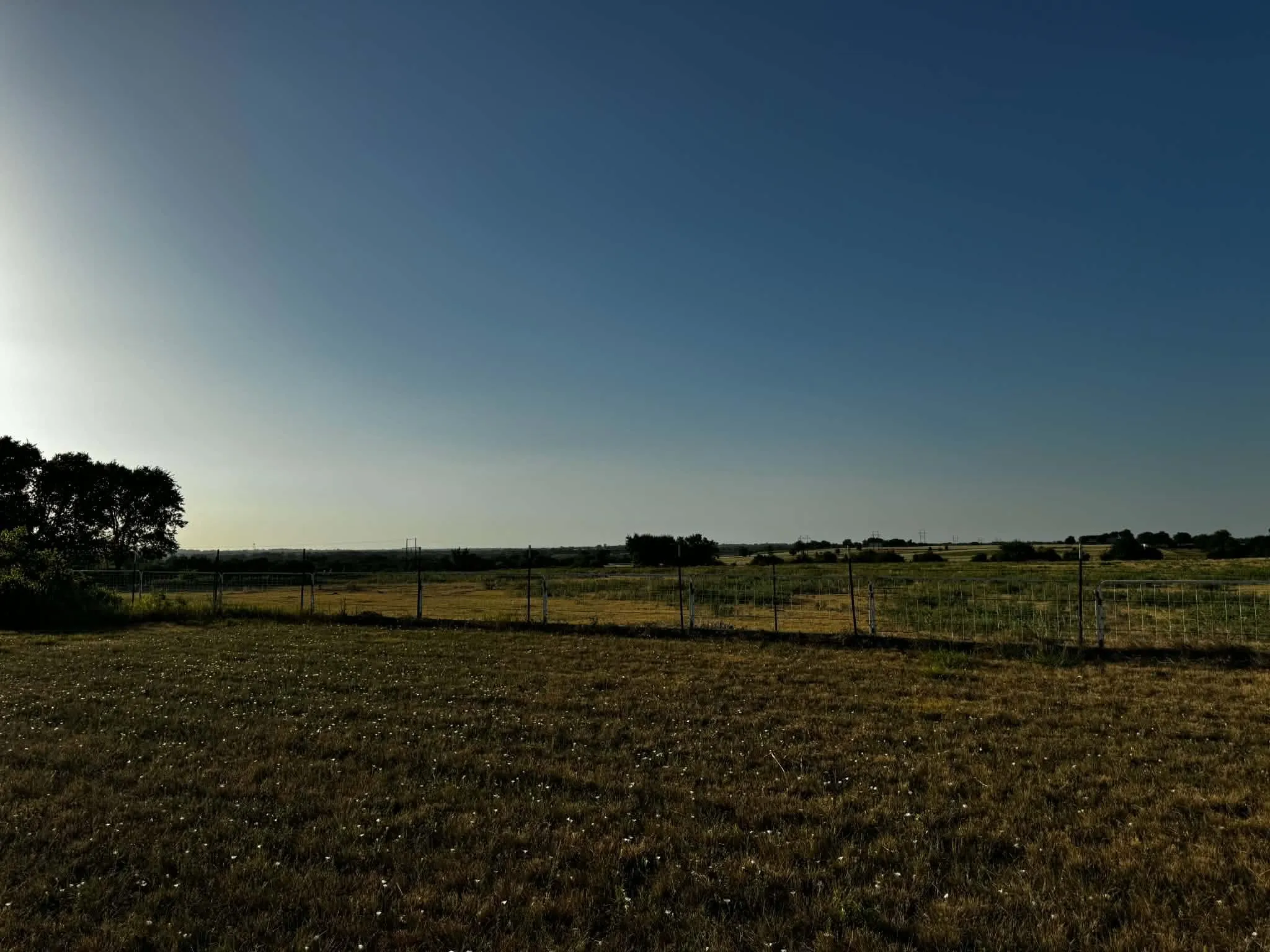 Expansive rural landscape featuring a vast field with natural ground cover, a simple wire fence, and distant trees under a clear sky