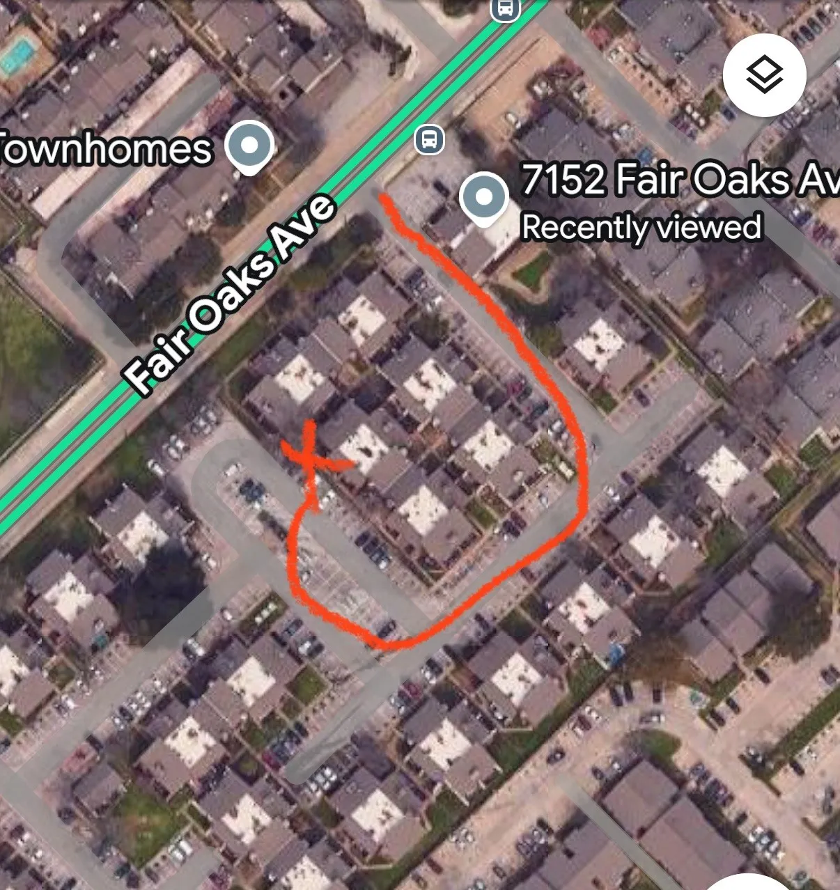 Aerial Map. Illustrating the spatial arrangement of properties and a marked route