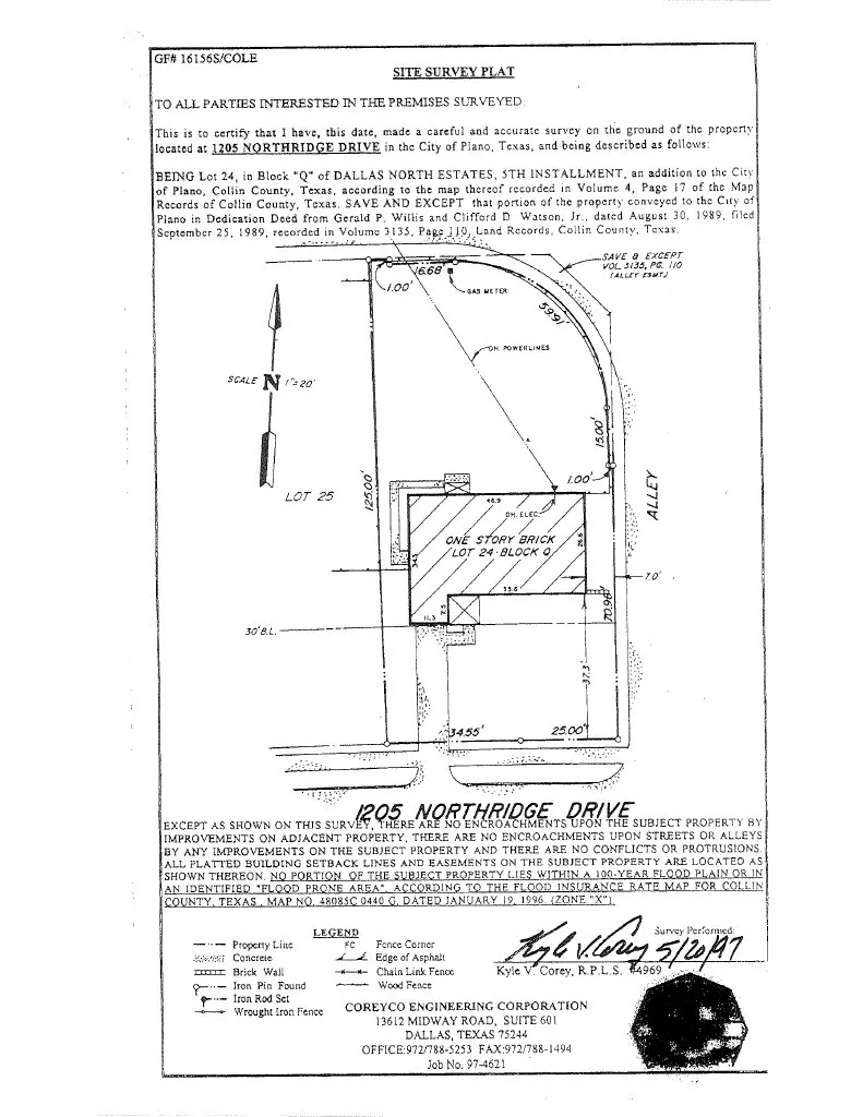 Site Survey Plan. Graphic representation of the property boundaries, lot configuration, and structural improvements with dimensional annotations and surveyor certification
