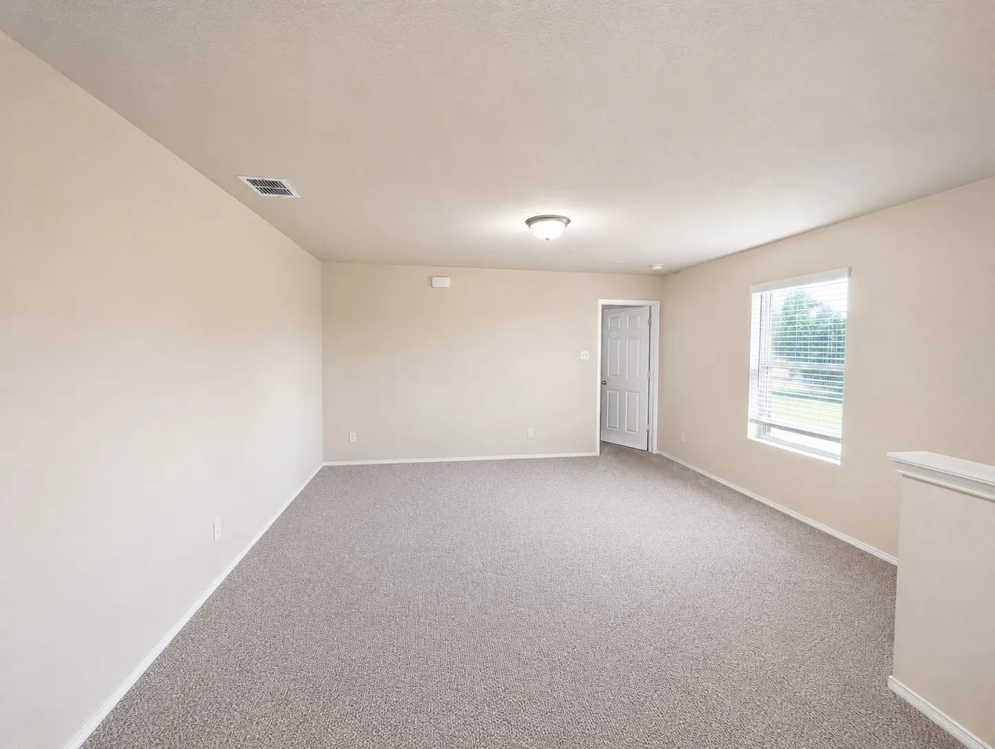 Spacious room featuring neutral carpeting, light-colored walls, a ceiling-mounted light fixture, and a window with blinds providing natural illumination