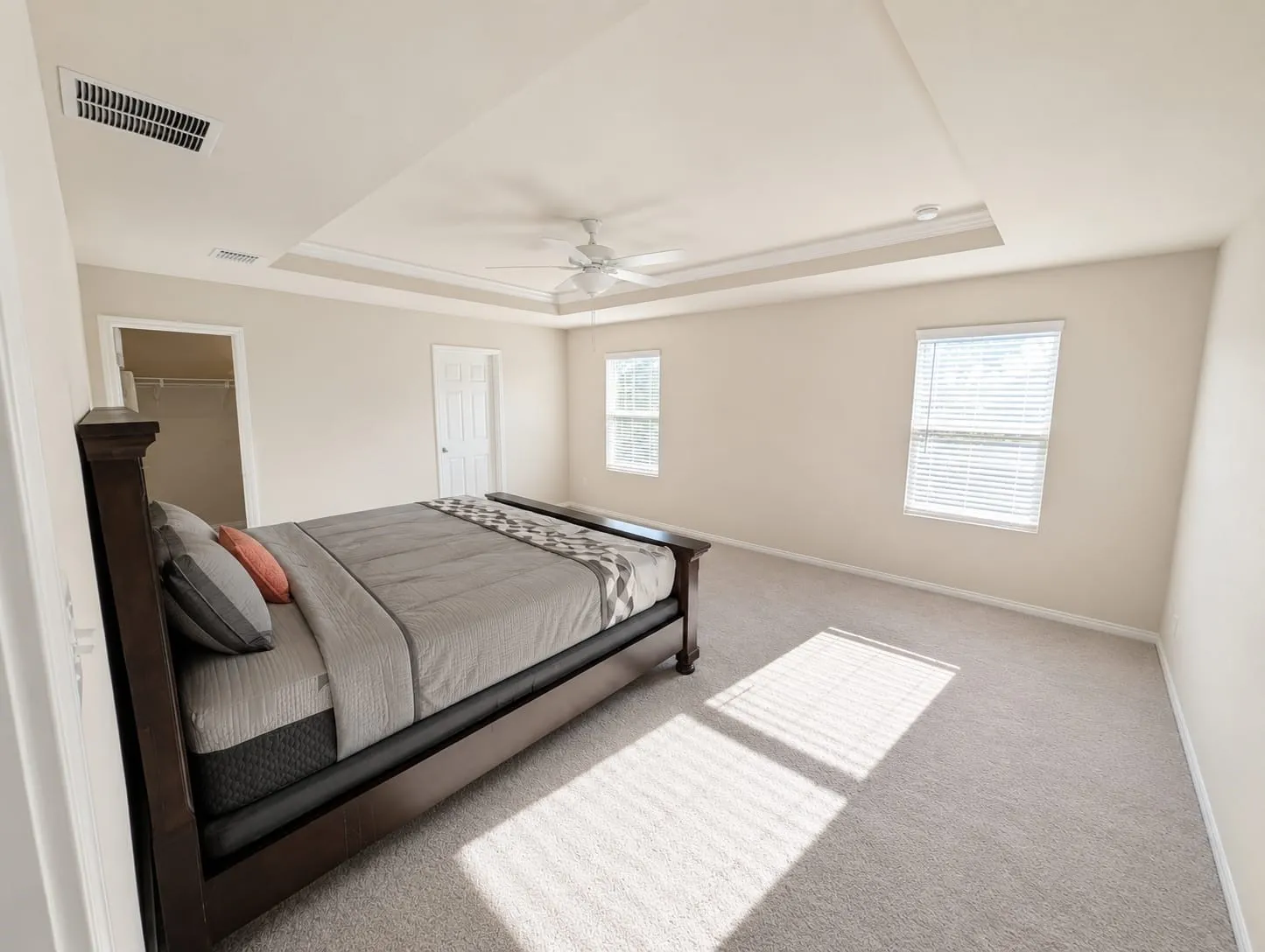 Spacious bedroom featuring a tray ceiling, ceiling fan, two windows with blinds, plush carpeting, and a walk-in closet
