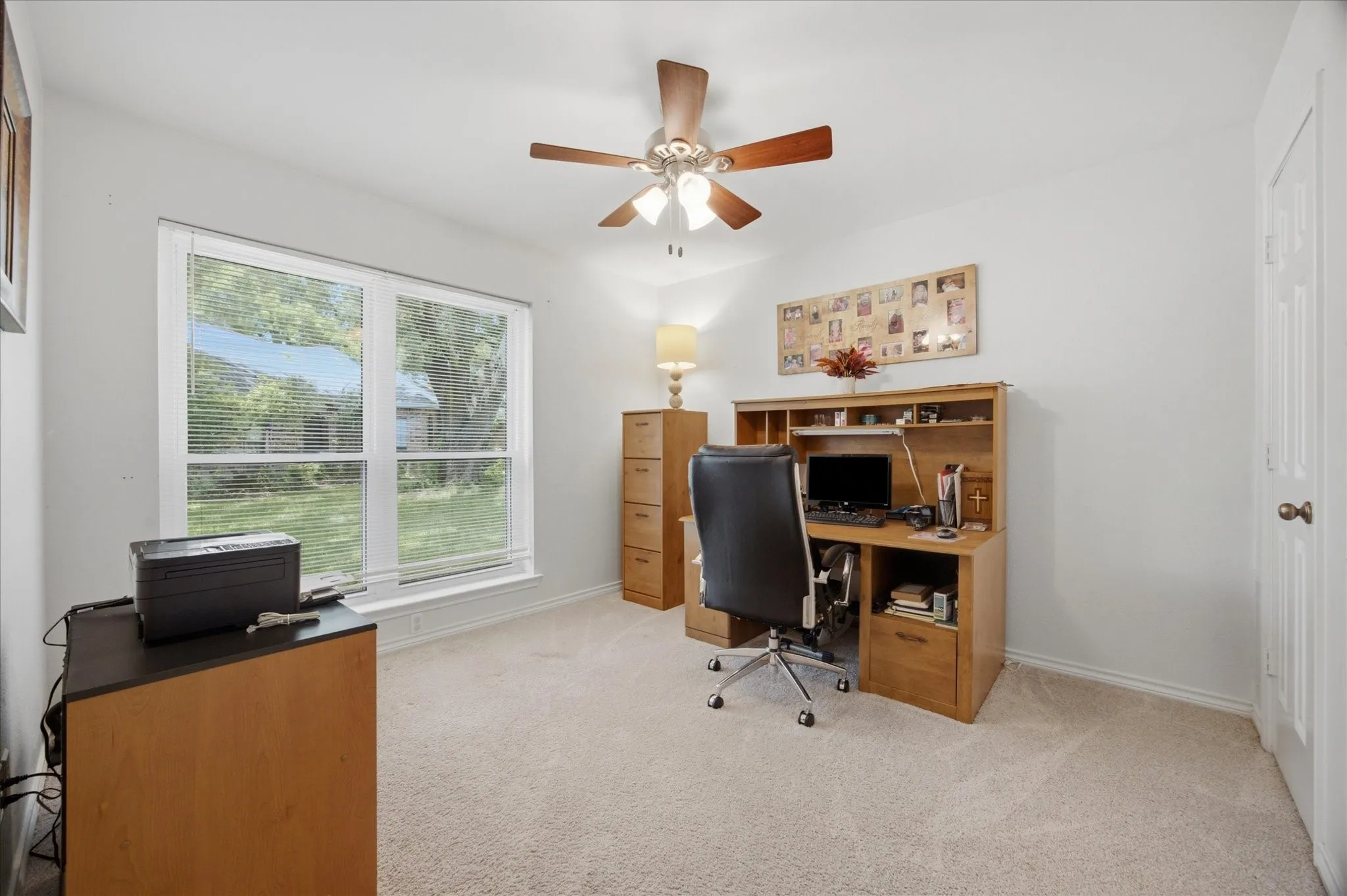 Bright room featuring a large window with white blinds, neutral carpeting, a ceiling fan with light fixture, and white wall paint