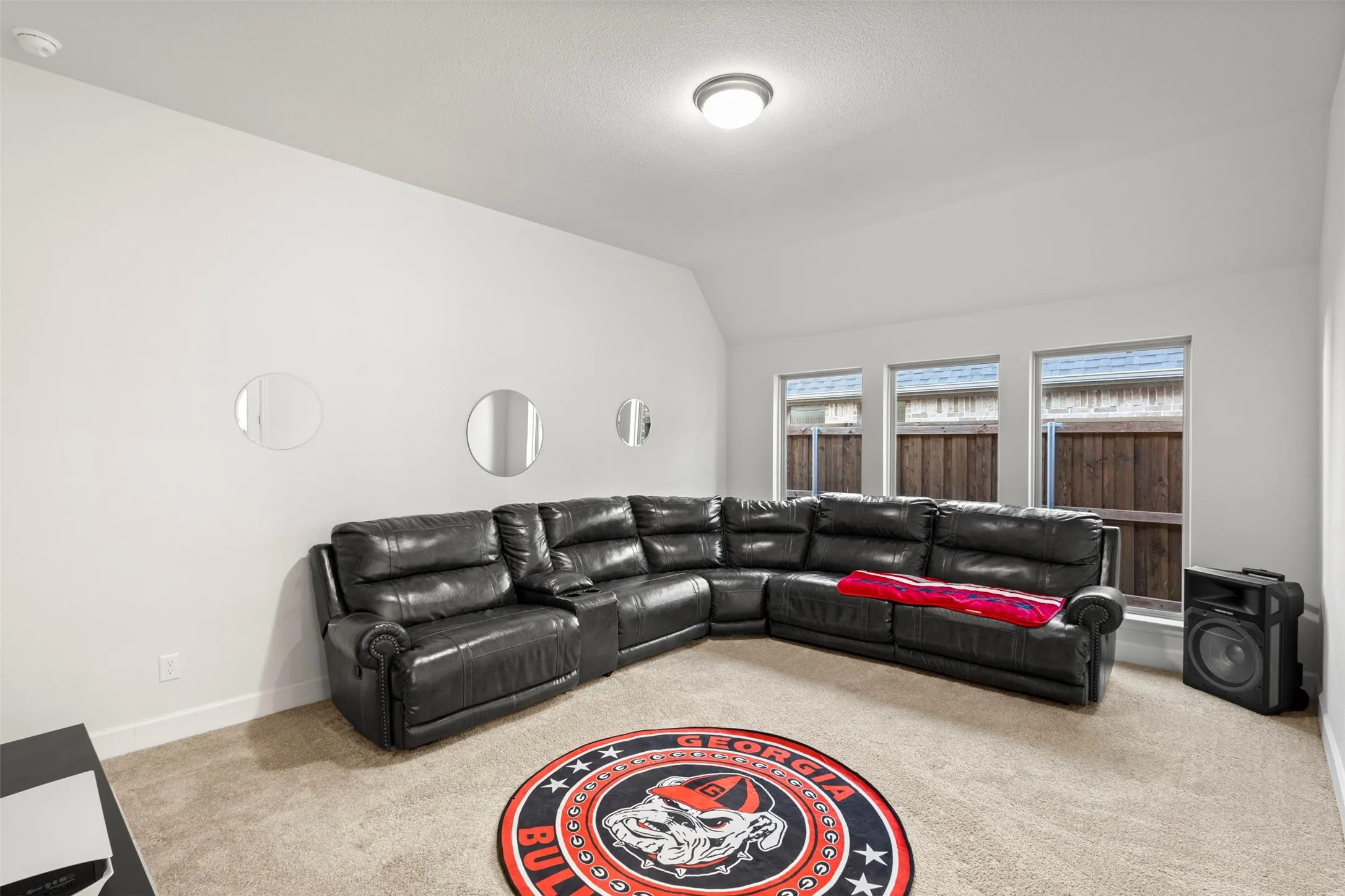 Spacious room featuring neutral carpet flooring, three rectangular windows with white trim, and a semi-flush mount ceiling light fixture