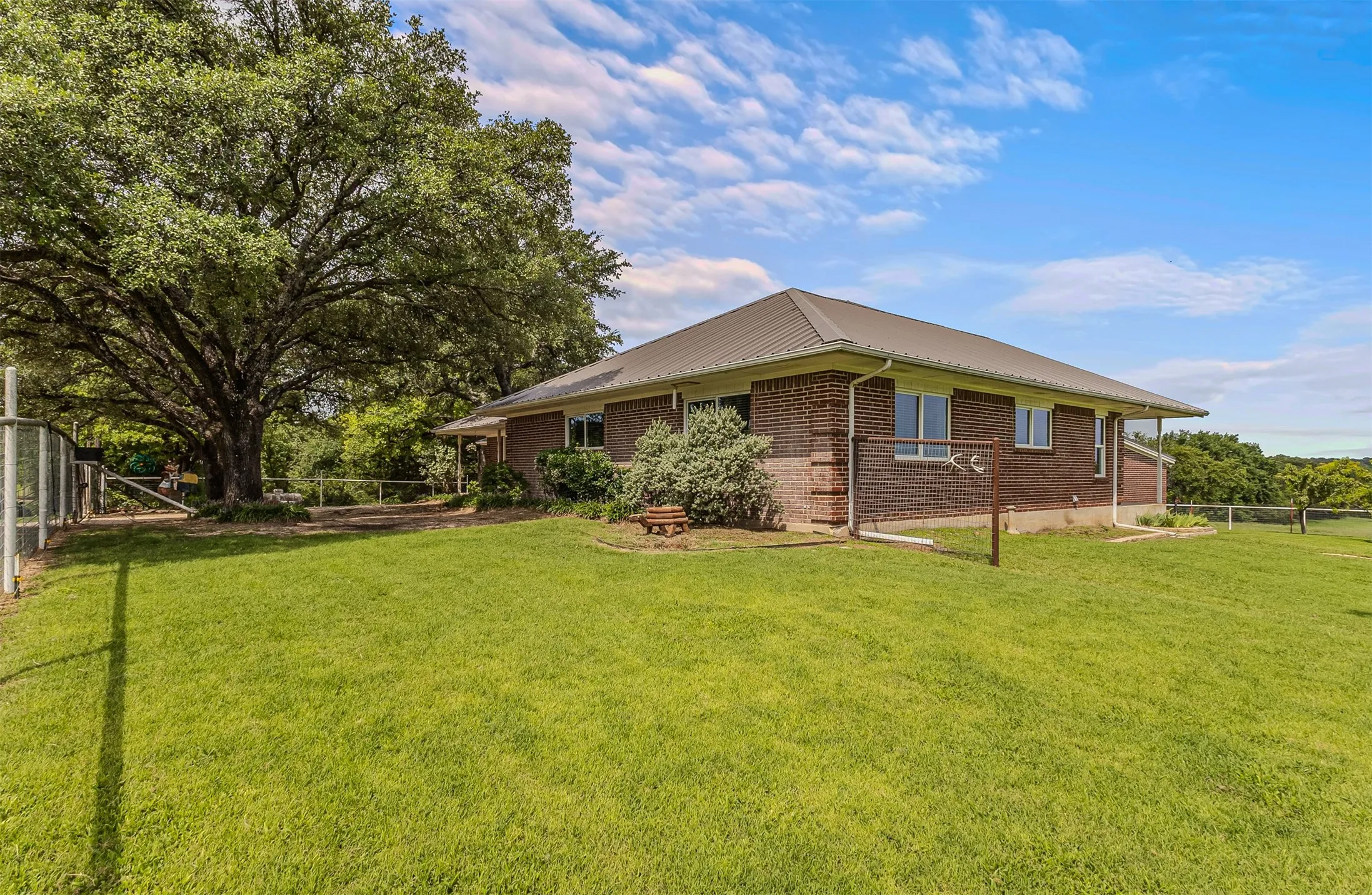 Large grassy front yard with gated entry and large trees of 339 Colwell Rd in Forestburg, TX