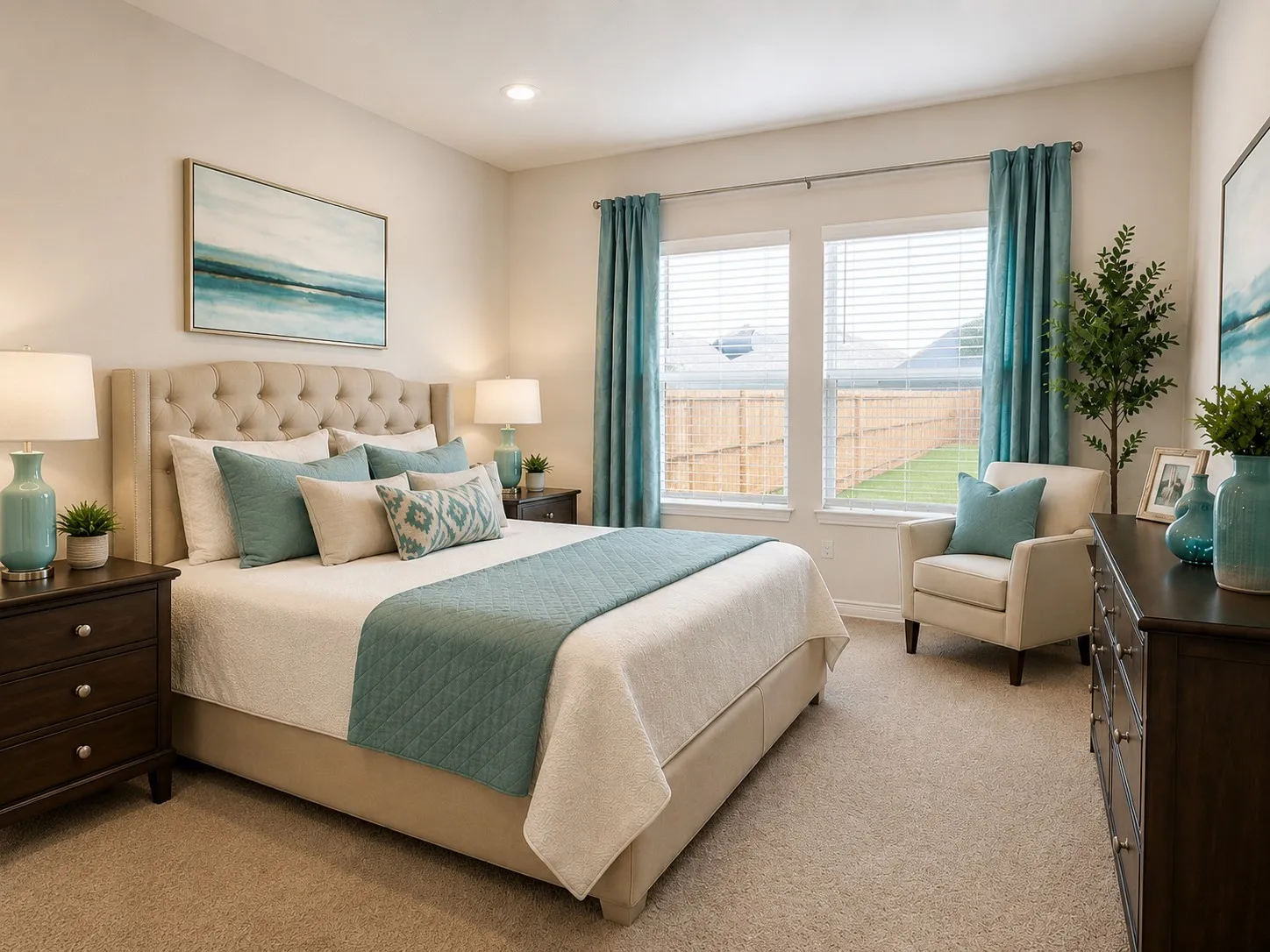 Carpeted interior space featuring a tufted upholstered headboard, multiple windows with blinds, and a fenced backyard