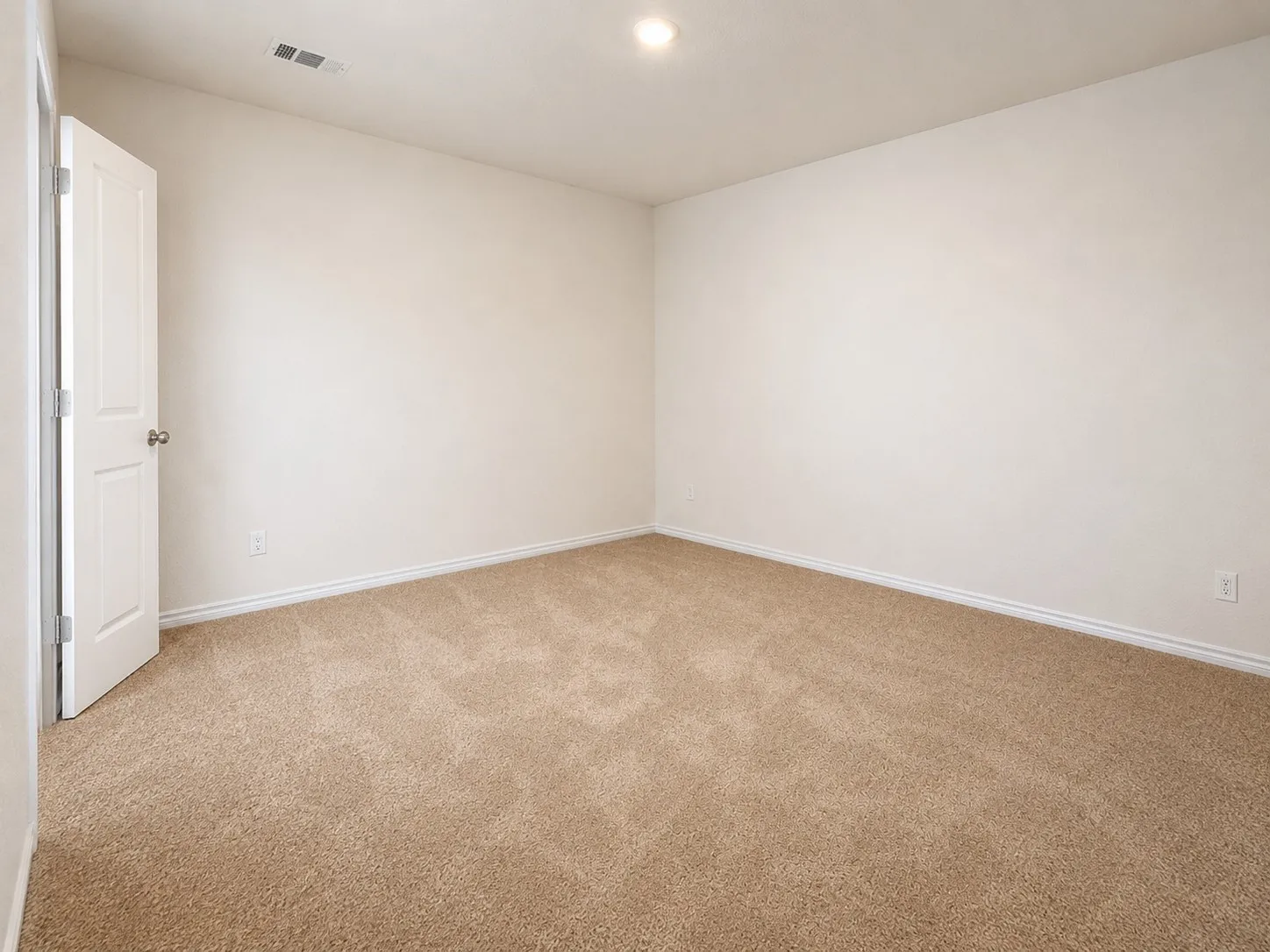 Bright room featuring neutral-toned carpeting, white baseboards, and a white interior door