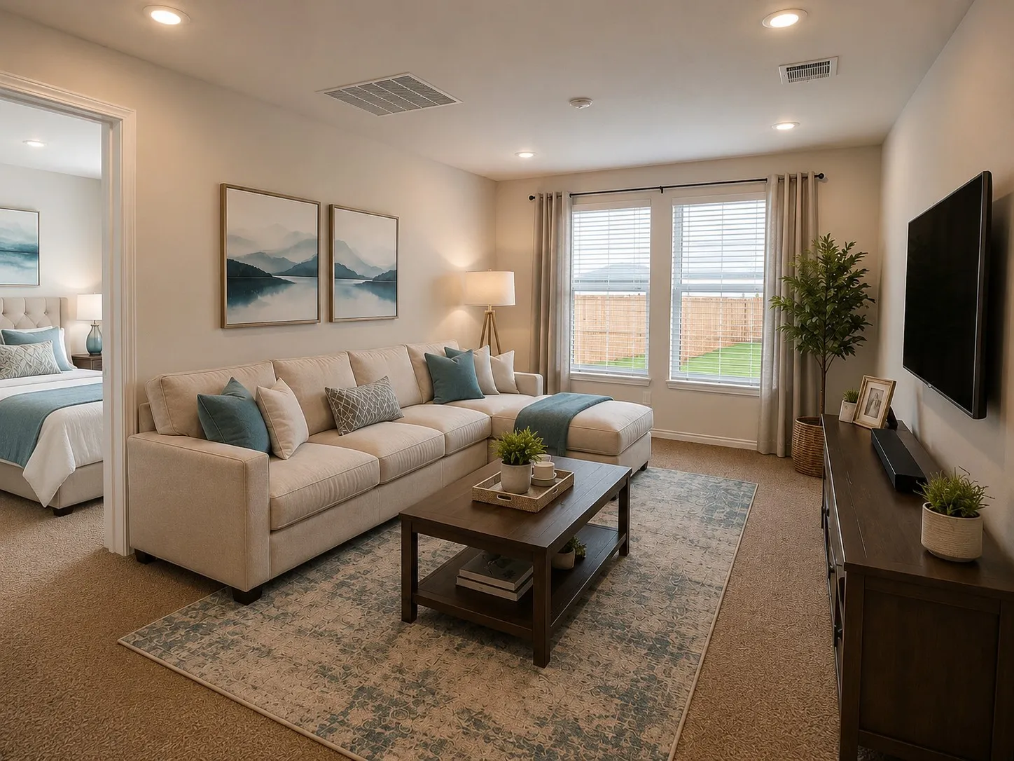 Carpeted living area featuring recessed lighting, a window wall with blinds, and an open doorway revealing an additional room