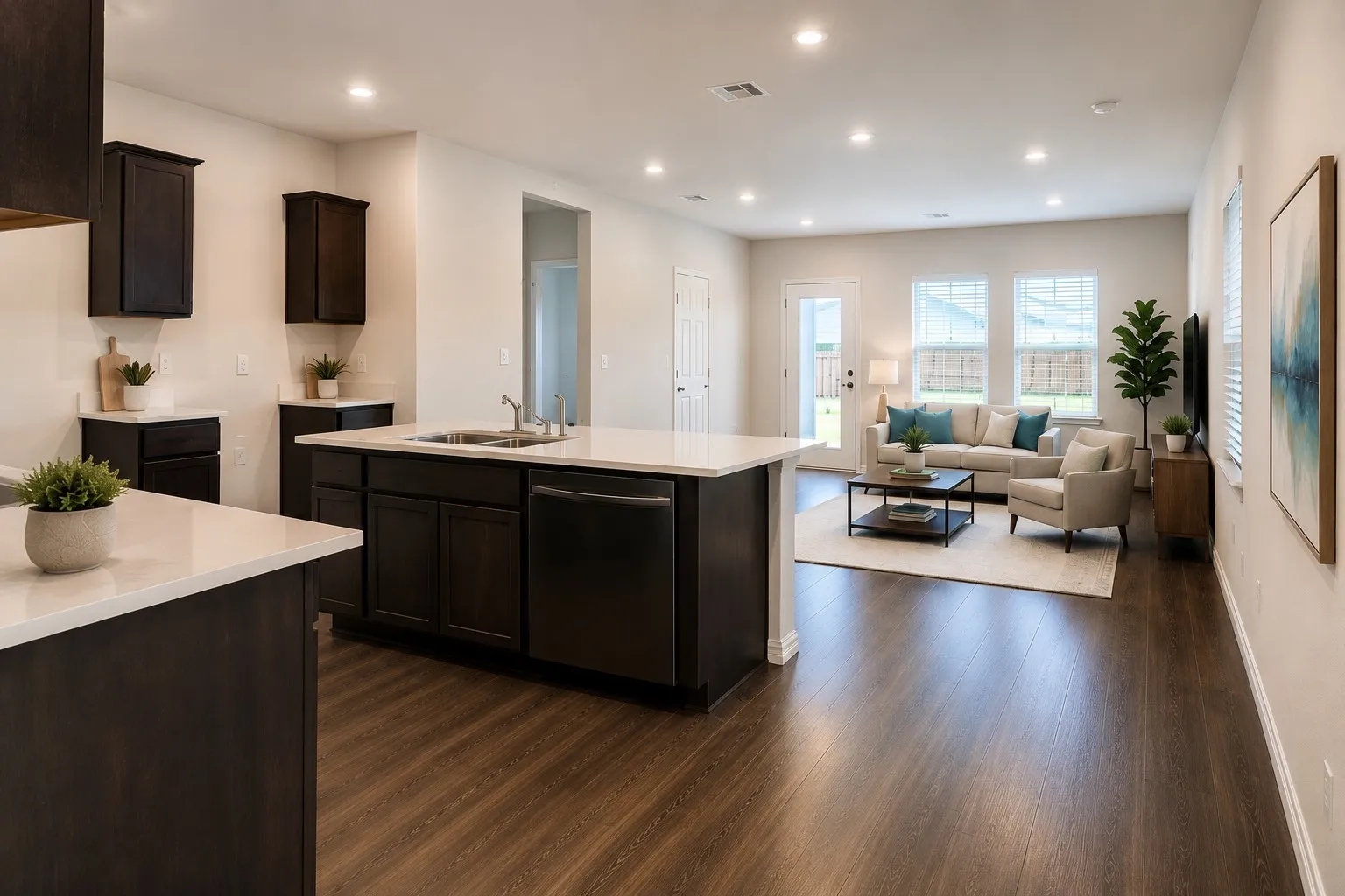 Open-concept living space featuring dark wood-finish flooring throughout