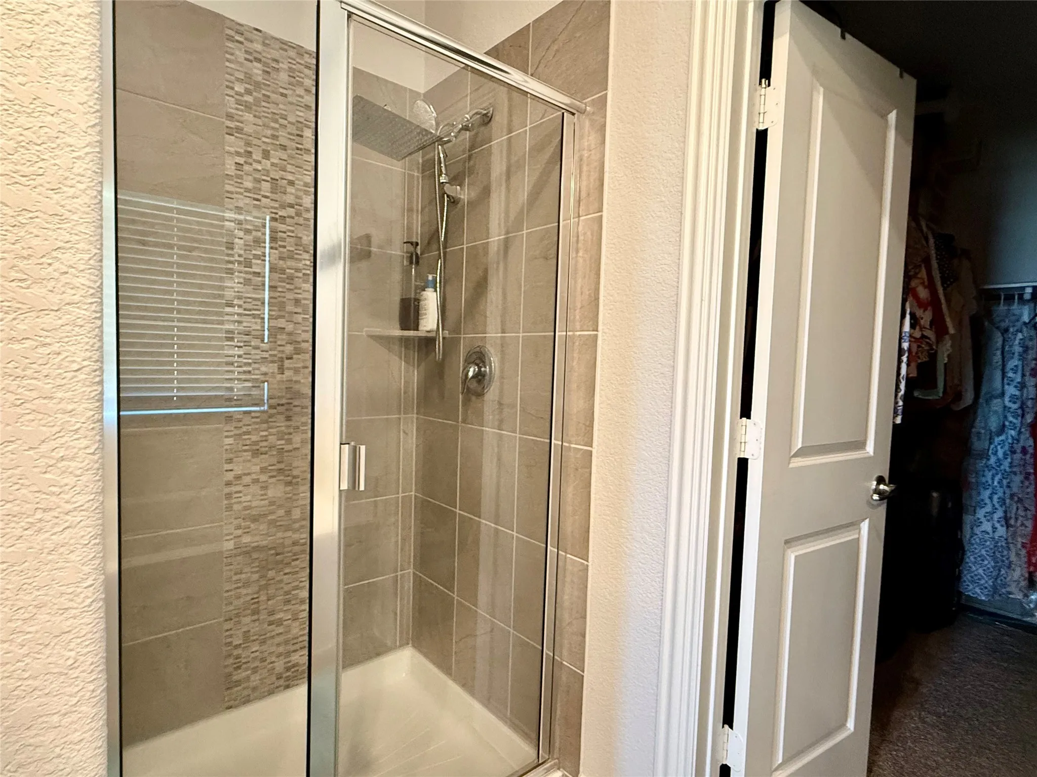 Glass-enclosed shower featuring large format tile, mosaic accent tile, a built-in shower niche, and dual shower heads
