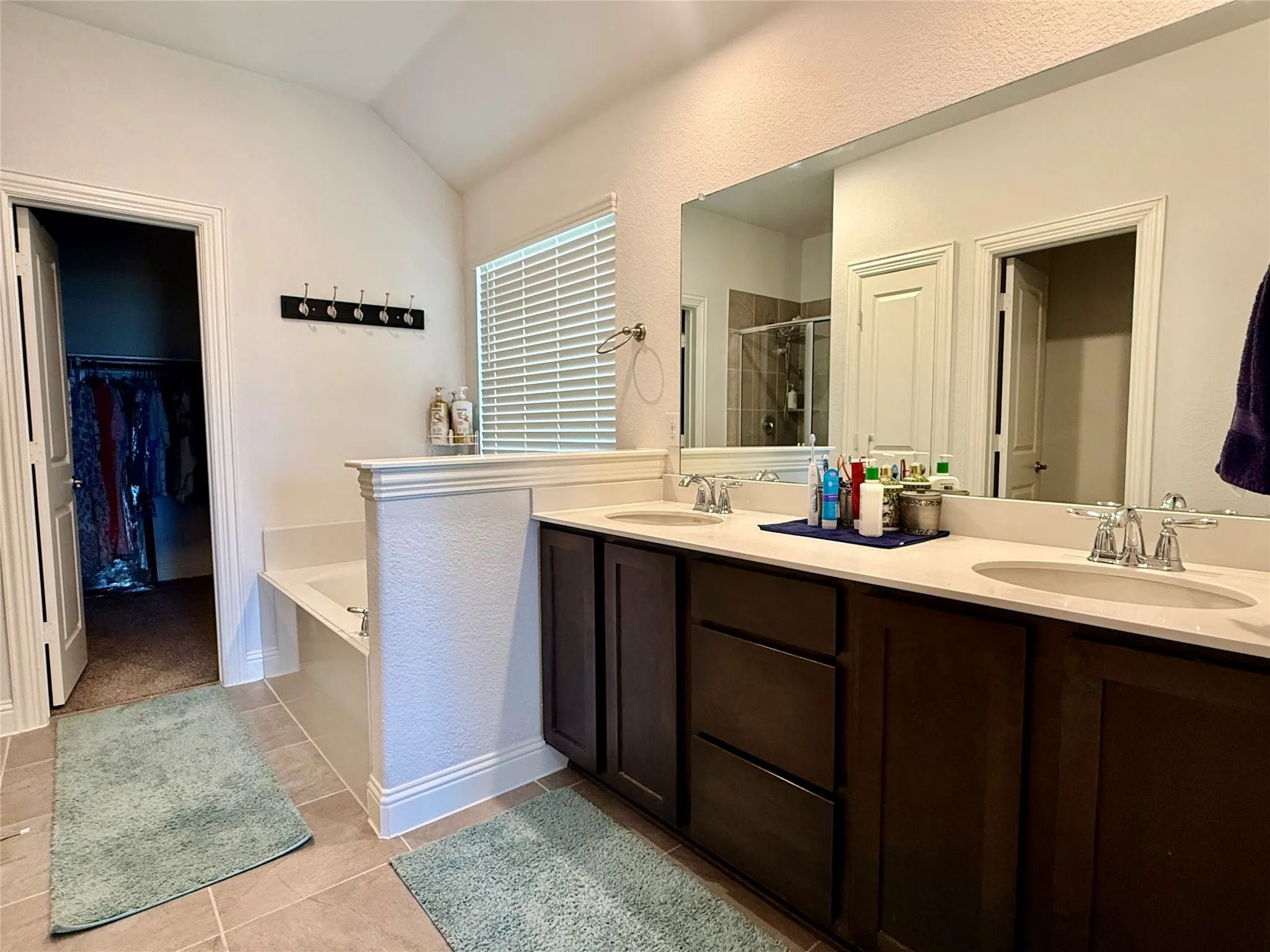 Spacious bathroom featuring a double vanity with dark wood-finish cabinetry and light countertops