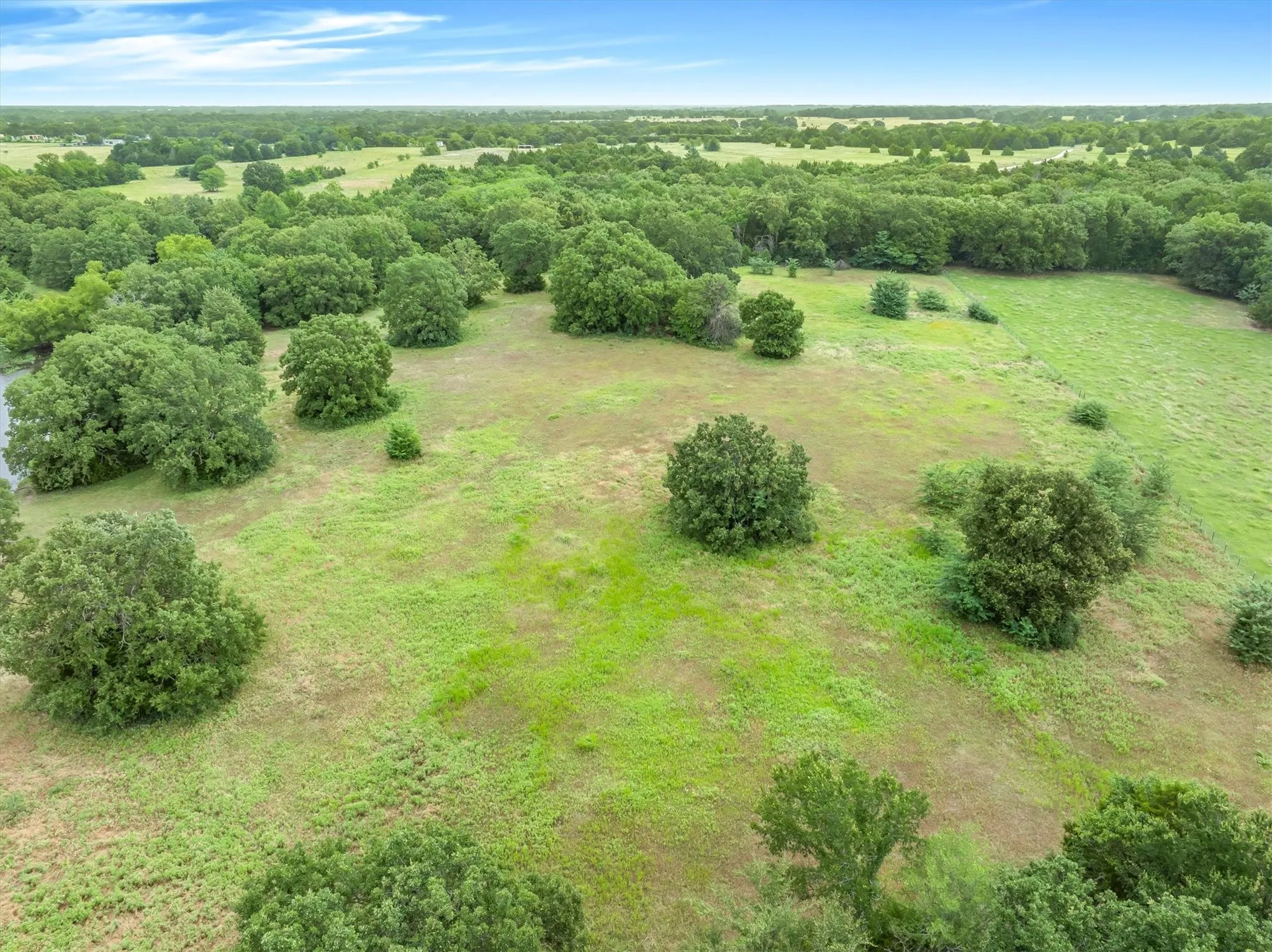 Expansive green acreage with scattered mature trees and dense perimeter tree lines