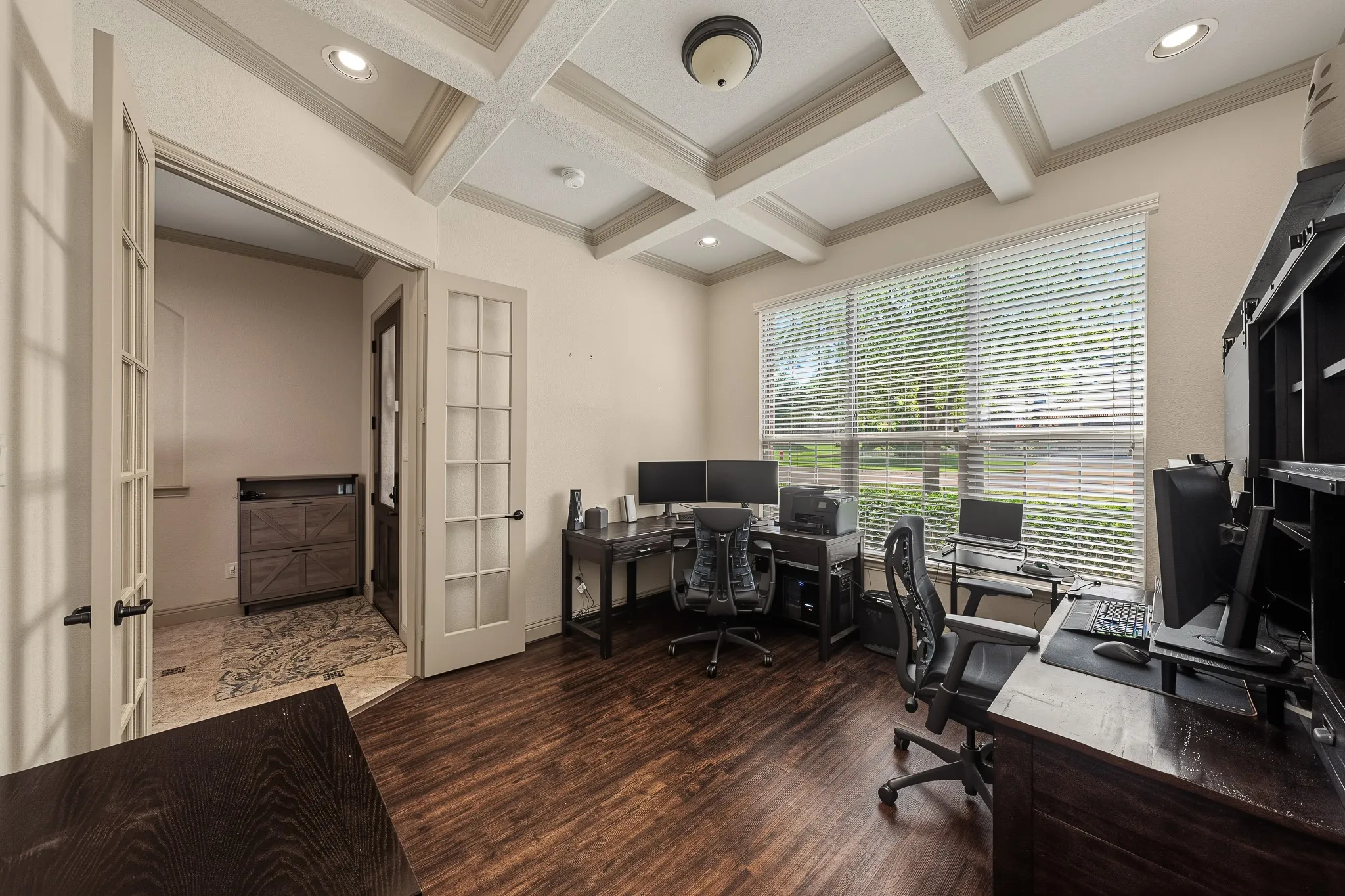 Bedroom with coffered ceiling, currently used as an office