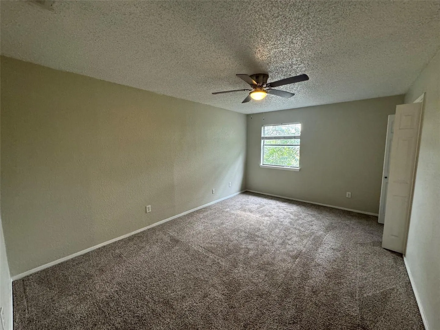 Carpeted room featuring a ceiling fan with integrated lighting, a window, and painted walls