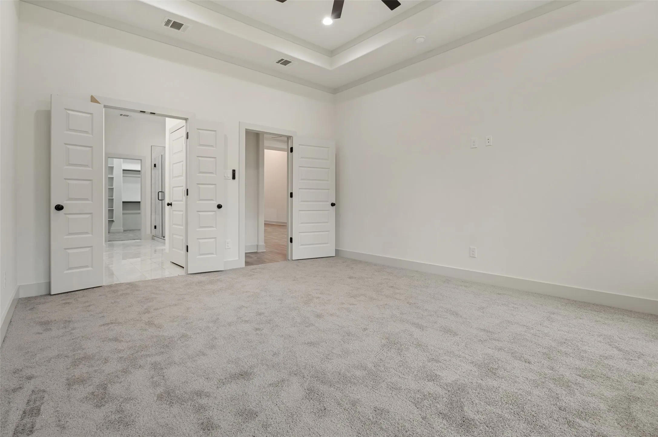 Carpeted room featuring a tray ceiling, white shaker-style doors, and base molding
