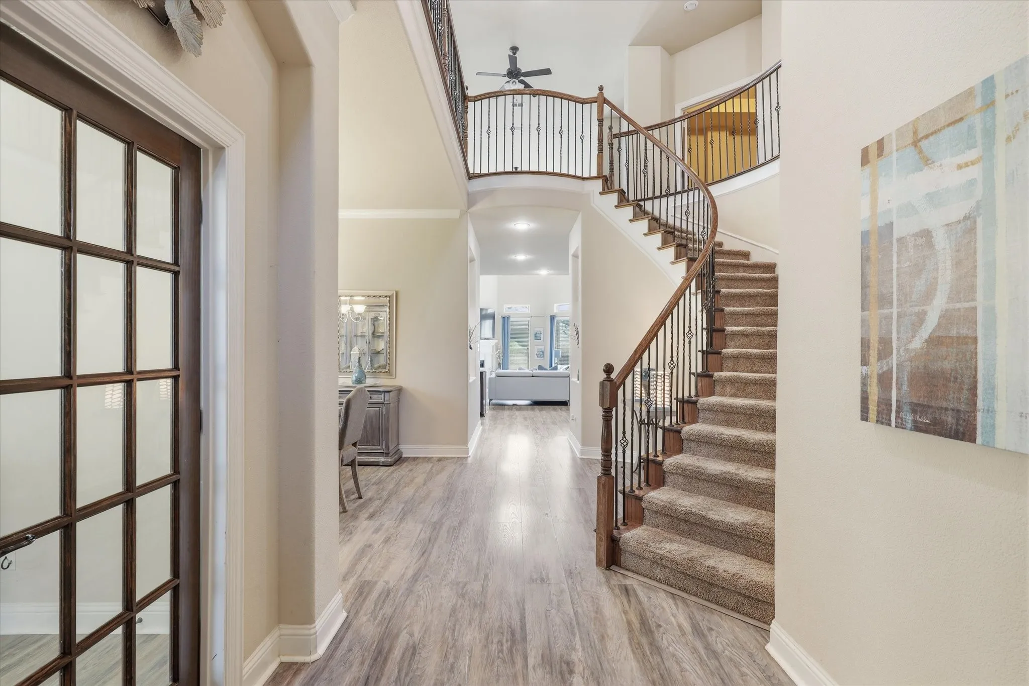 Winding staircase with perfect nook to put up your christmas tree!