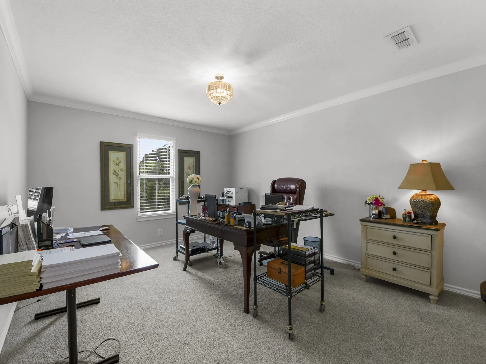 Carpeted room with light grey walls and crown molding