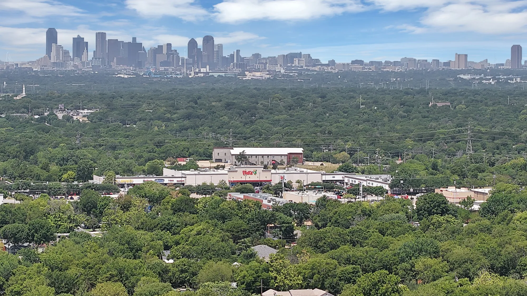 Expansive urban landscape featuring a distant city skyline with numerous high-rise buildings and verdant tree canopy