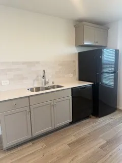 Contemporary kitchen area featuring light gray cabinetry, a double basin stainless steel sink, black appliances, and wood-finish flooring